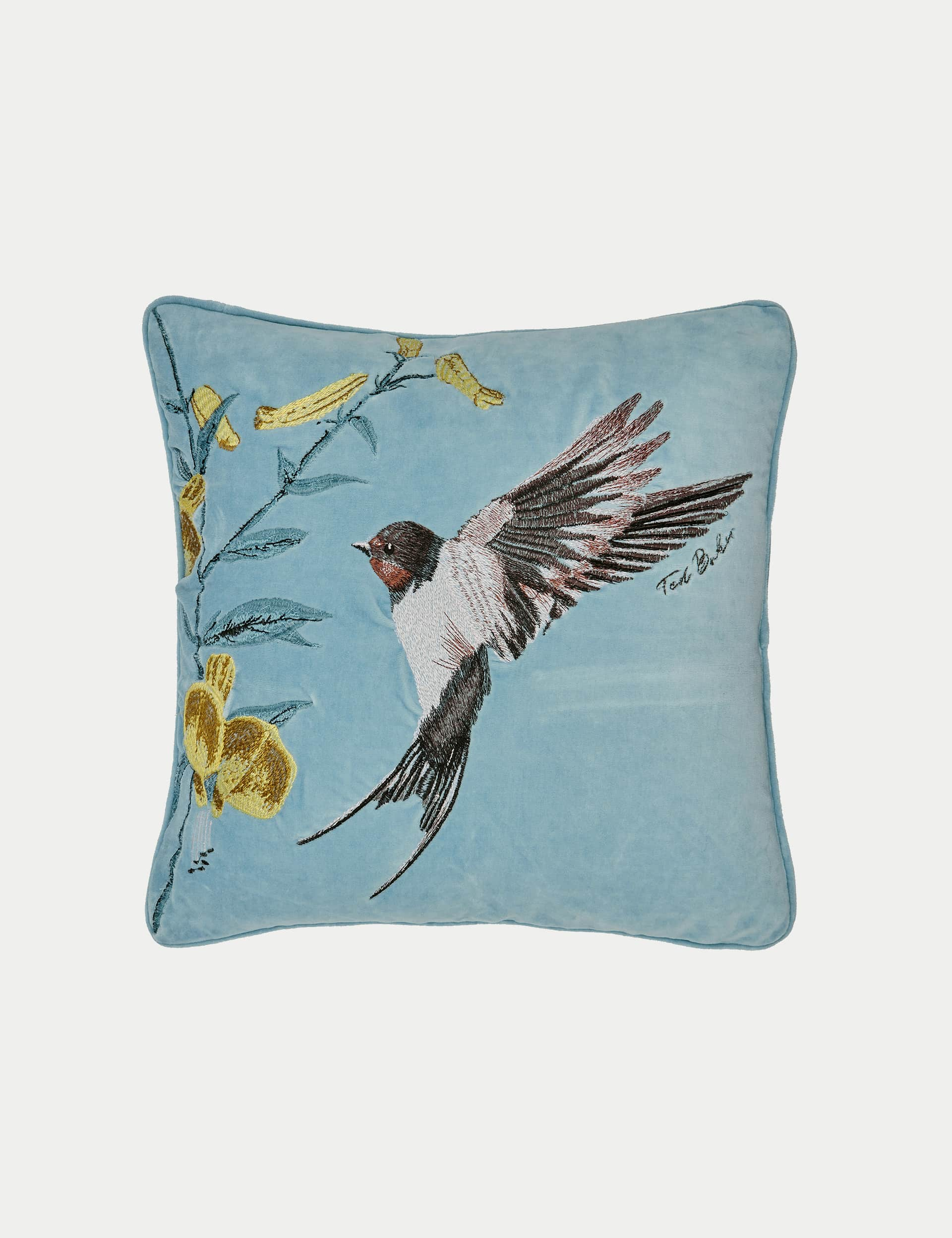 Ted Baker Velvet Botanical Birds Cushion - Duck Egg, Duck Egg