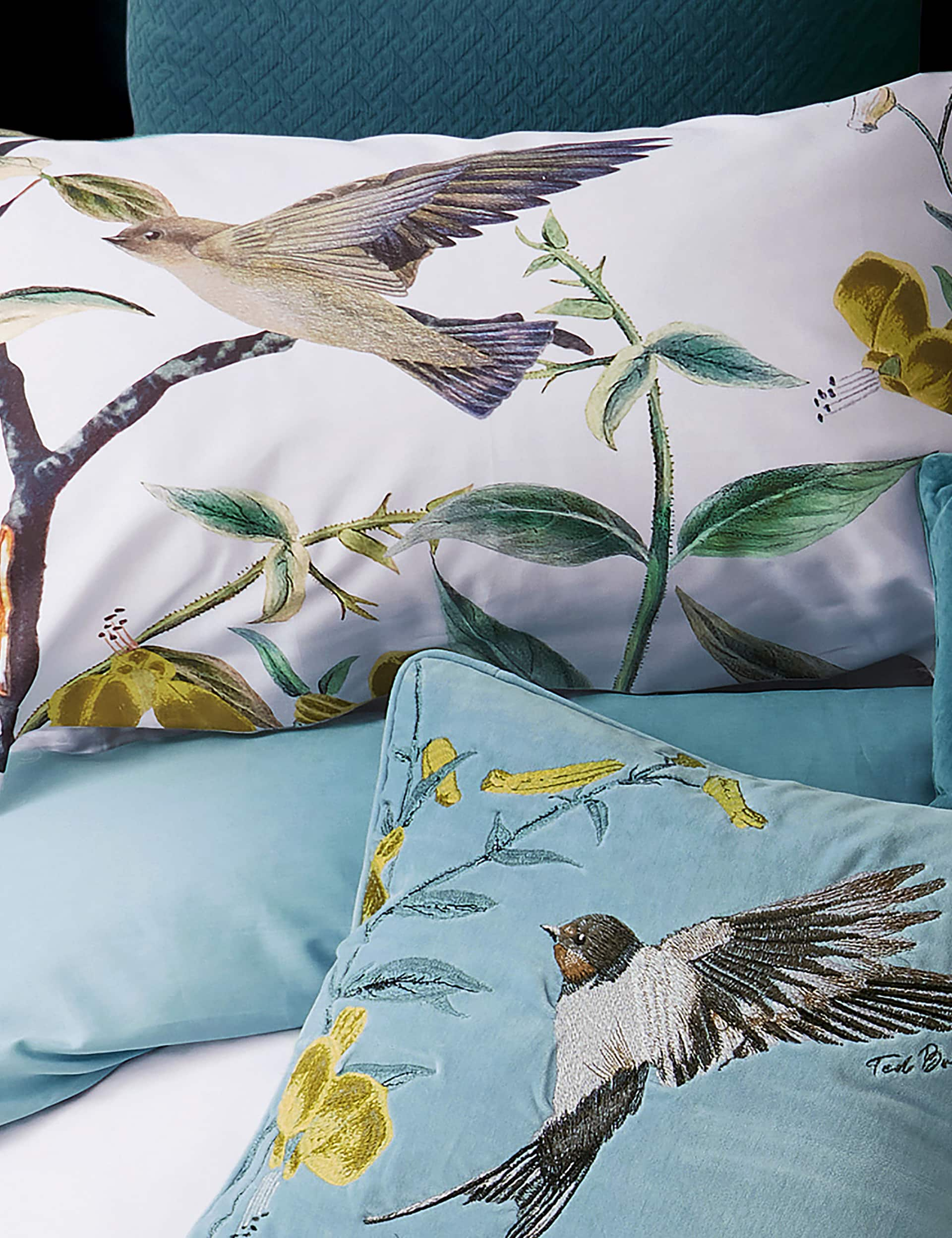 Ted Baker Velvet Botanical Birds Cushion - Duck Egg, Duck Egg