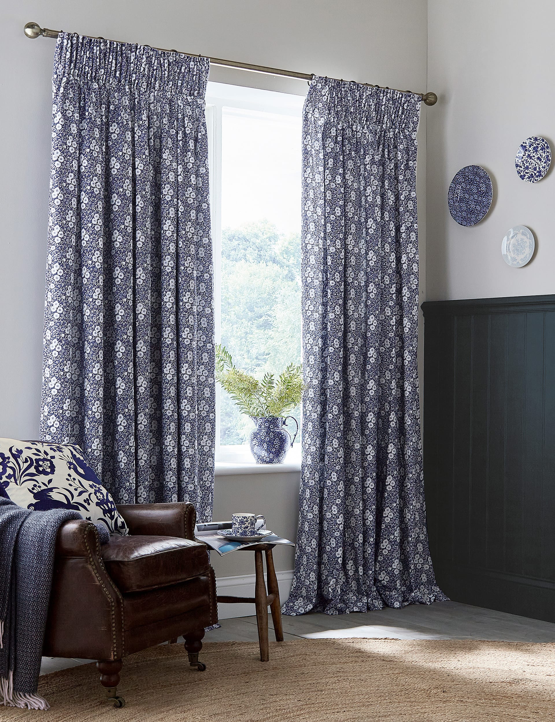 Burleigh X Bedeck Of Belfast Calico Pure Cotton Floral Blackout Curtains - EW90 - Blue, Blue