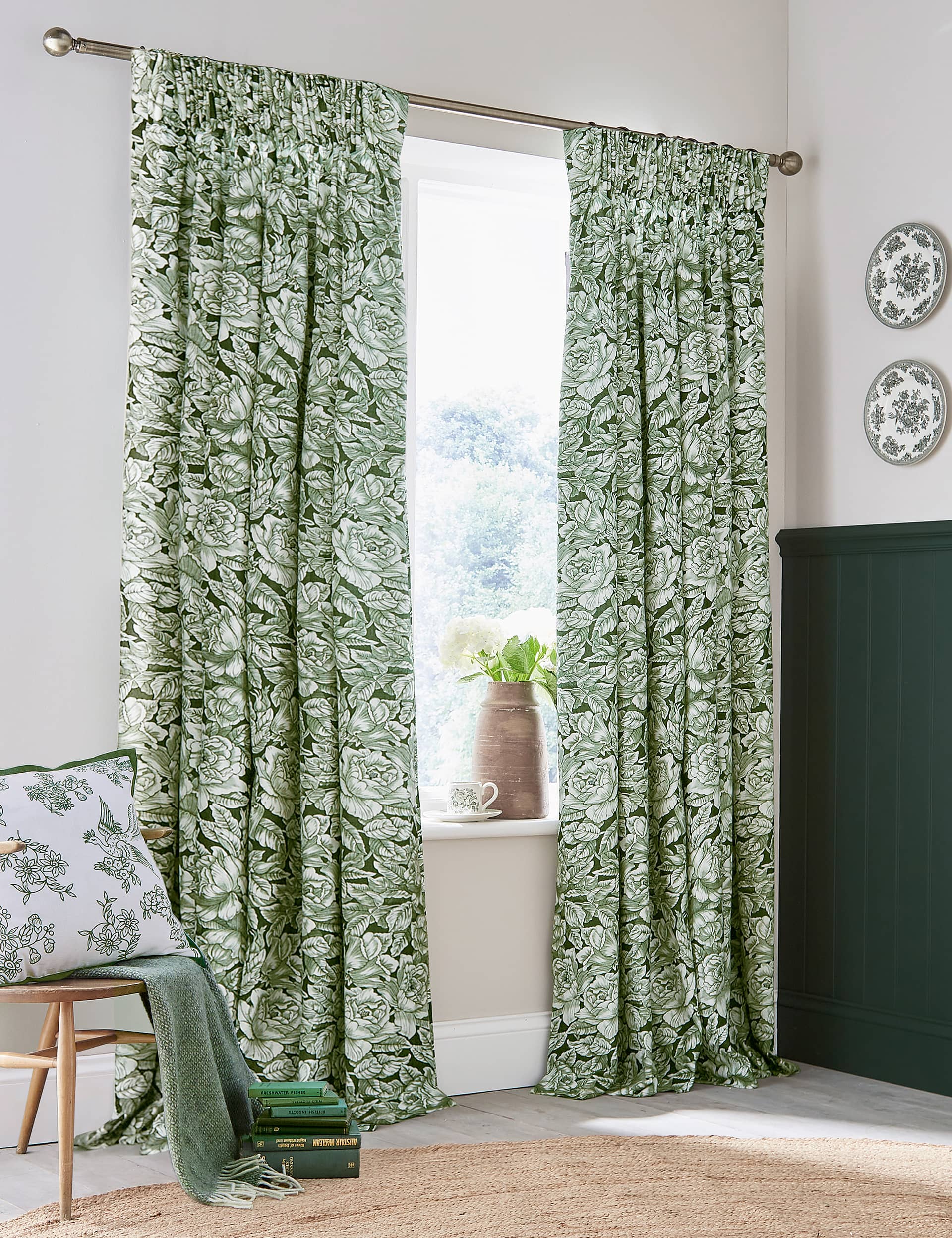 Burleigh X Bedeck Of Belfast Pure Cotton Floral Blackout Curtains - EW90 - Green, Green