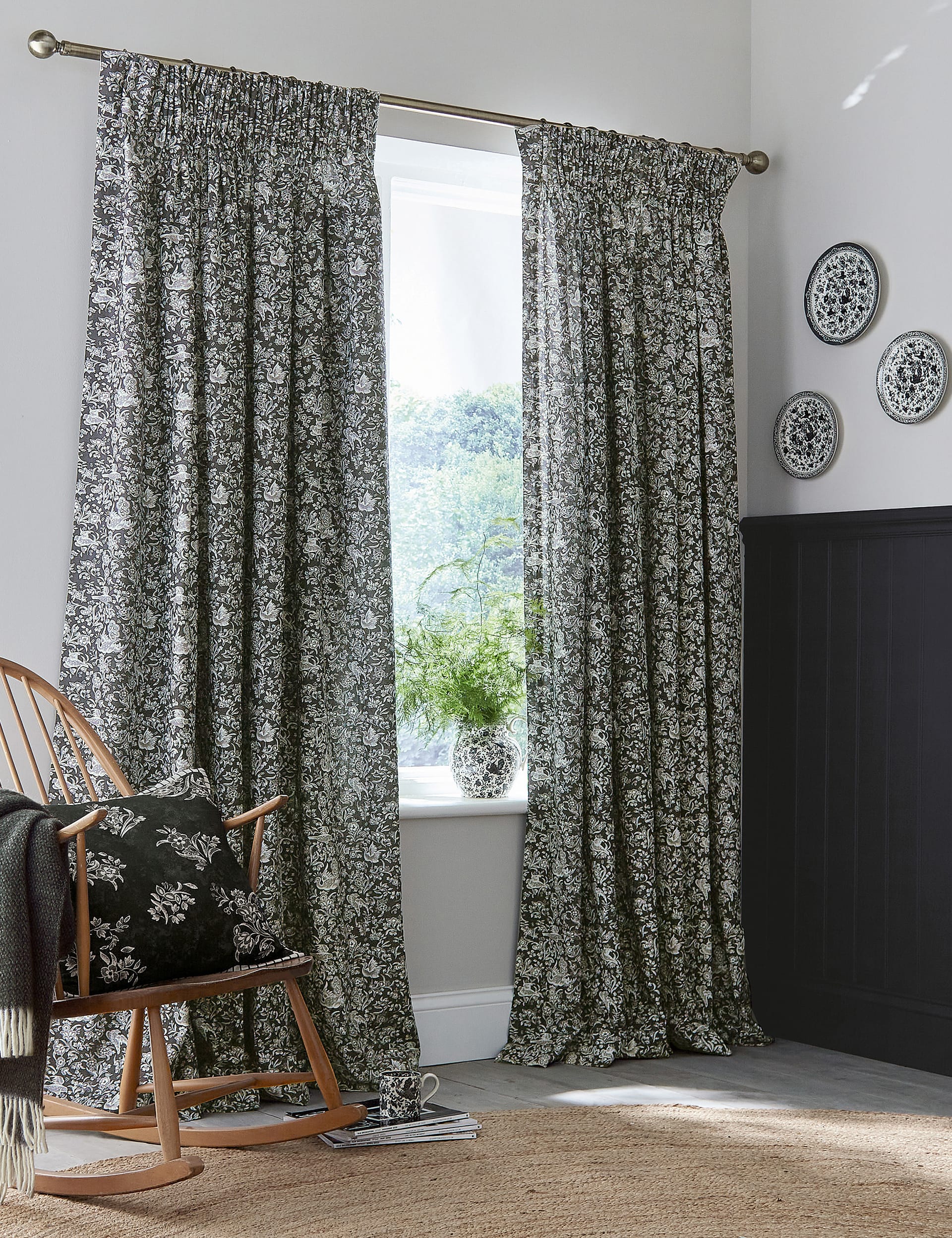 Burleigh X Bedeck Of Belfast Regal Pure Cotton Bird Blackout Curtains - WDR90 - Charcoal Mix, Charco