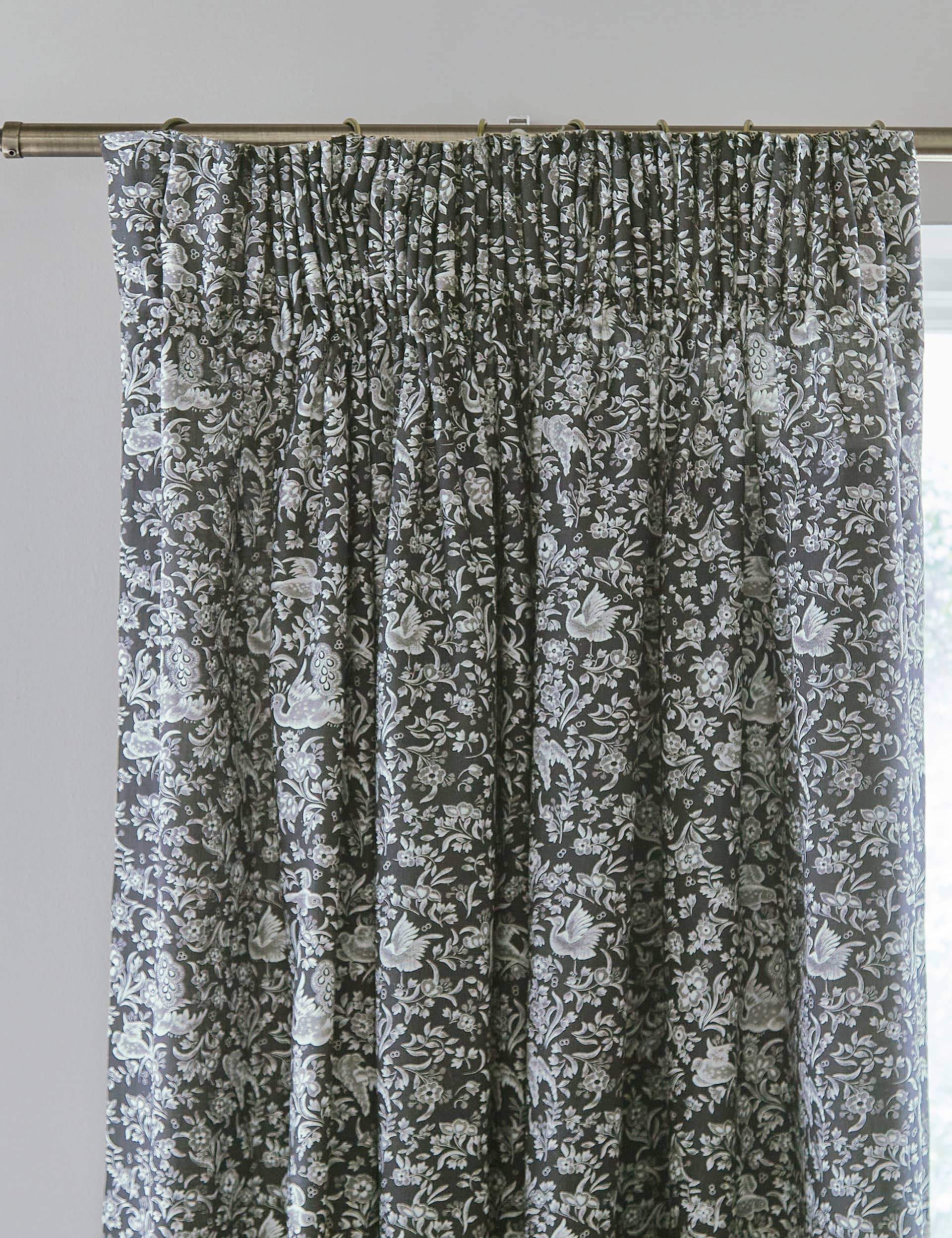 Burleigh X Bedeck Of Belfast Regal Pure Cotton Bird Blackout Curtains - WDR90 - Charcoal Mix, Charco