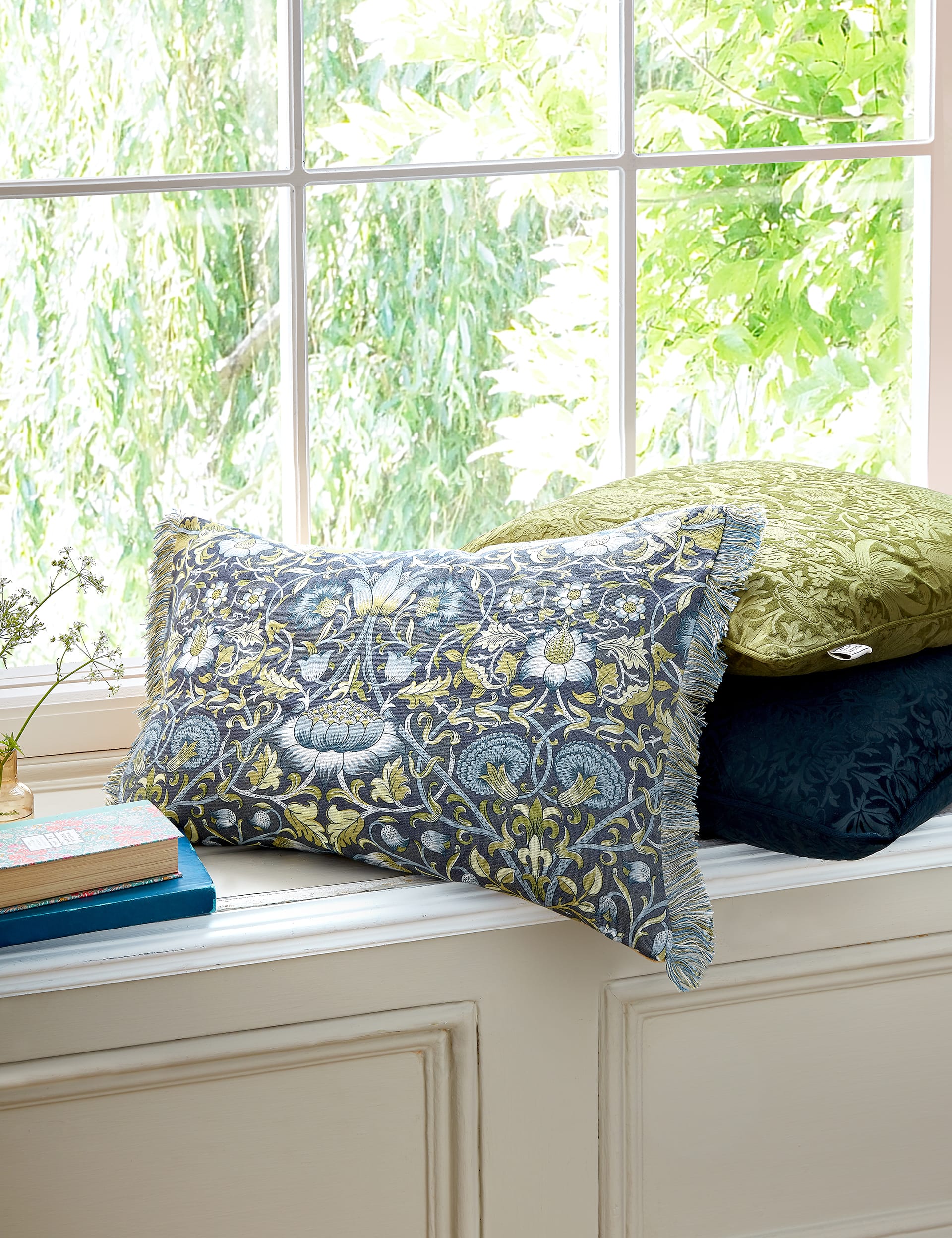 William Morris At Home Velvet Lodden Bolster Cushion - Prussian, Prussian