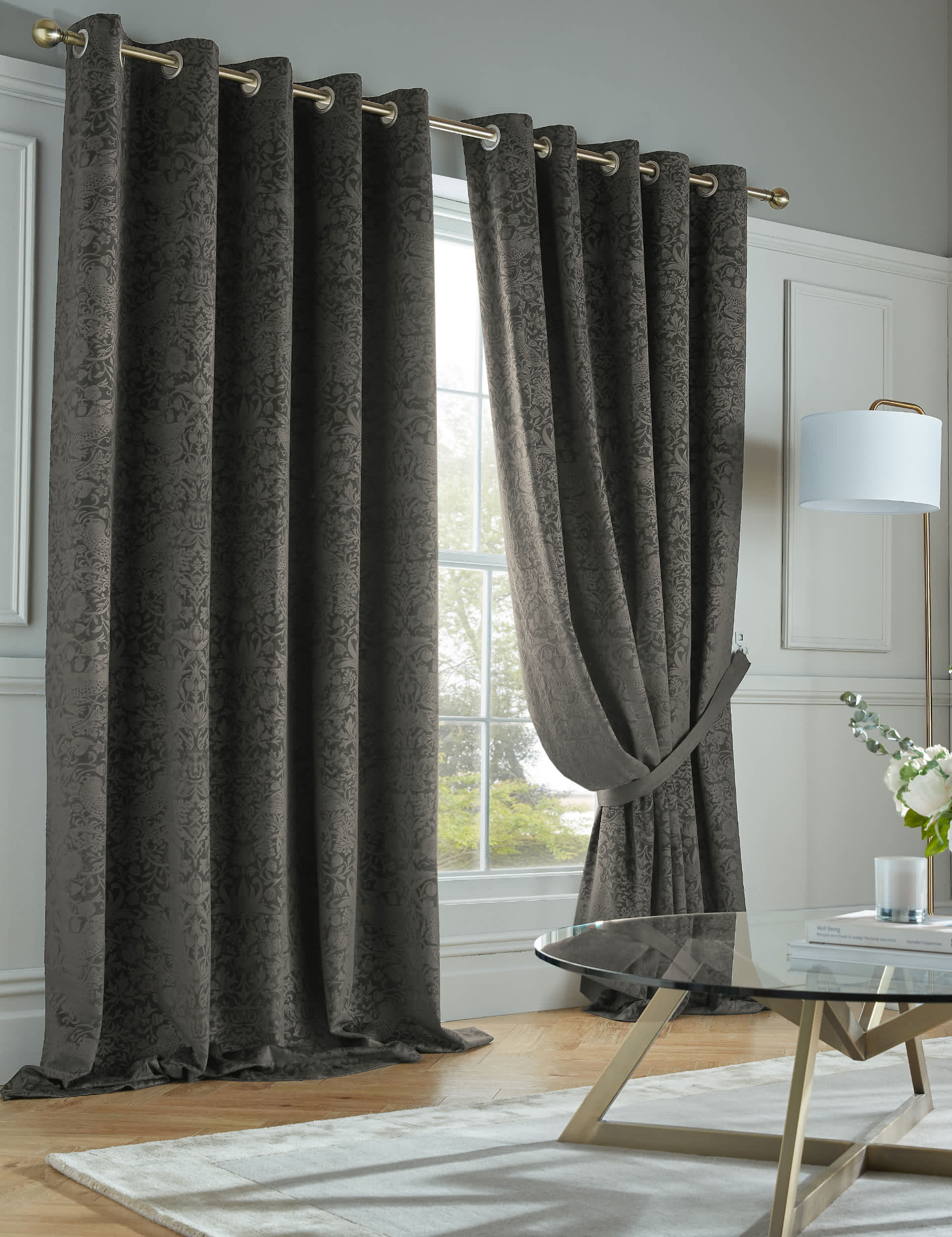 William Morris At Home Velvet Strawberry Thief Eyelet Curtains - NAR54 - Charcoal Mix, Charcoal Mix,