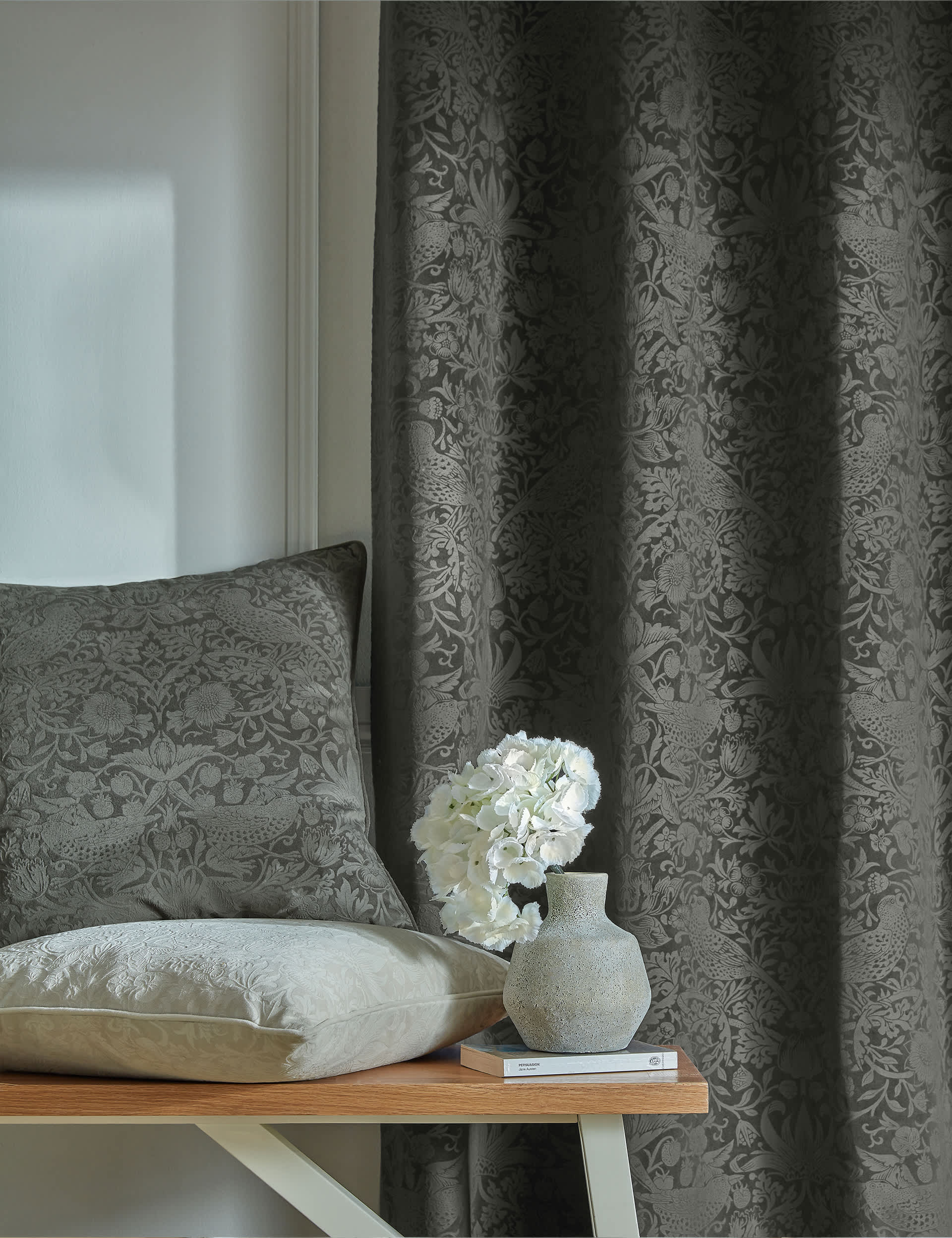 William Morris At Home Velvet Strawberry Thief Eyelet Curtains - NAR54 - Charcoal Mix, Charcoal Mix,