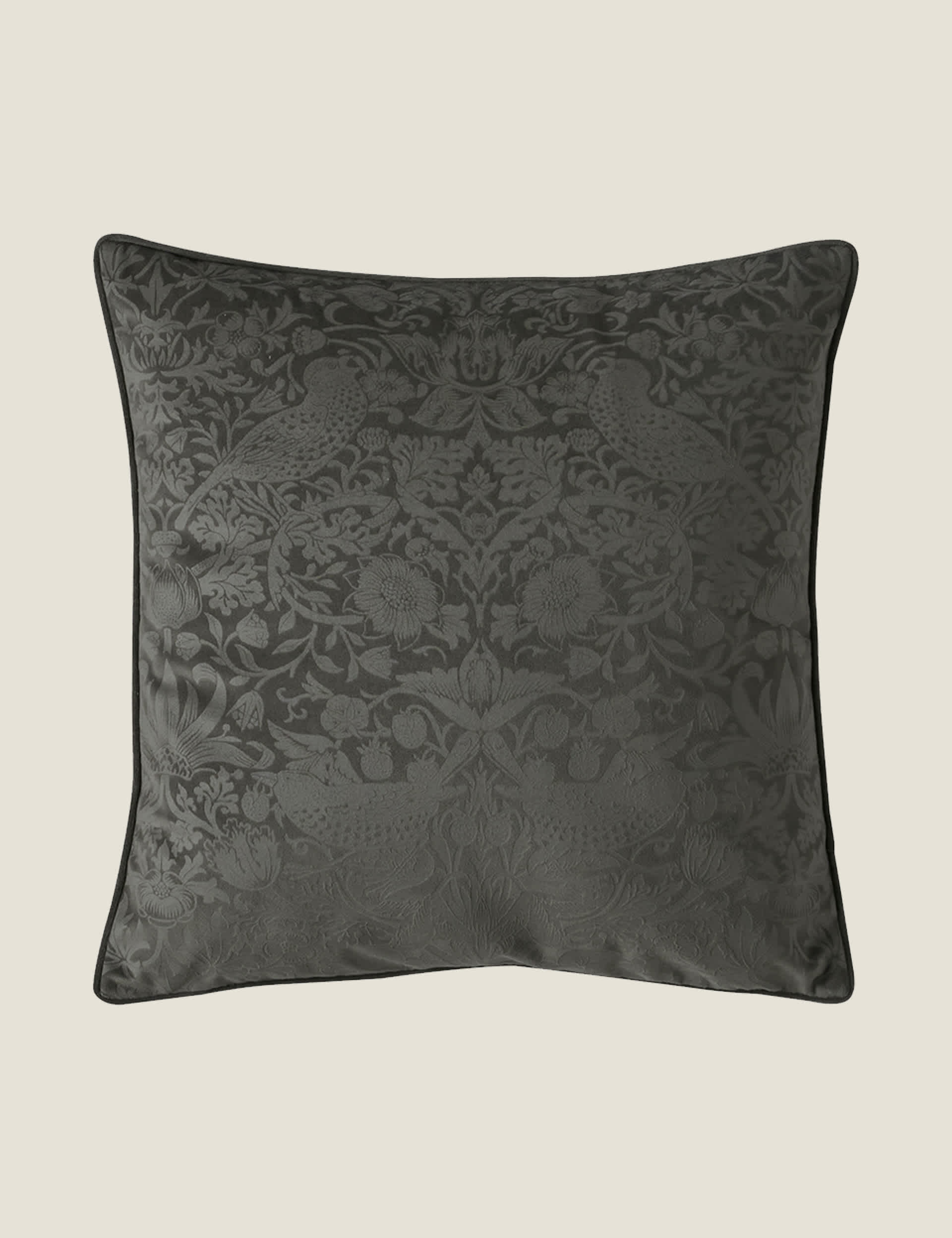 William Morris At Home Velvet Strawberry Thief Cushion - Charcoal, Charcoal,Navy,Seafoam