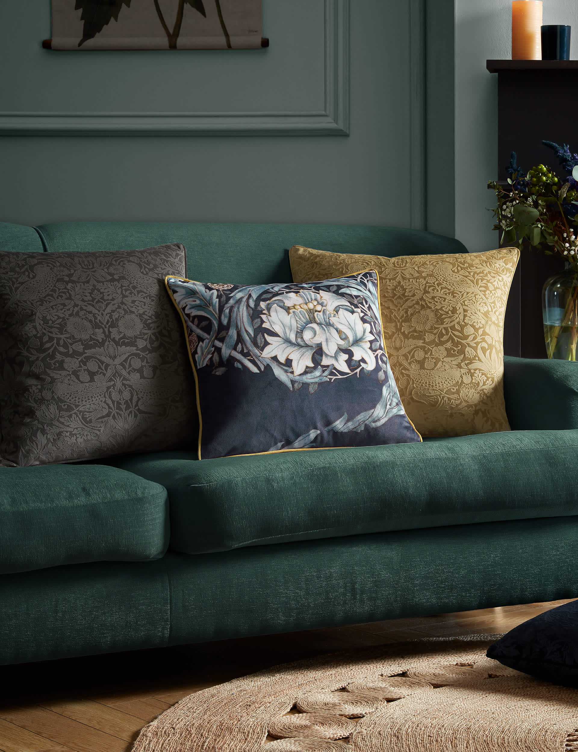 William Morris At Home Velvet Strawberry Thief Cushion - Charcoal, Charcoal,Navy,Seafoam