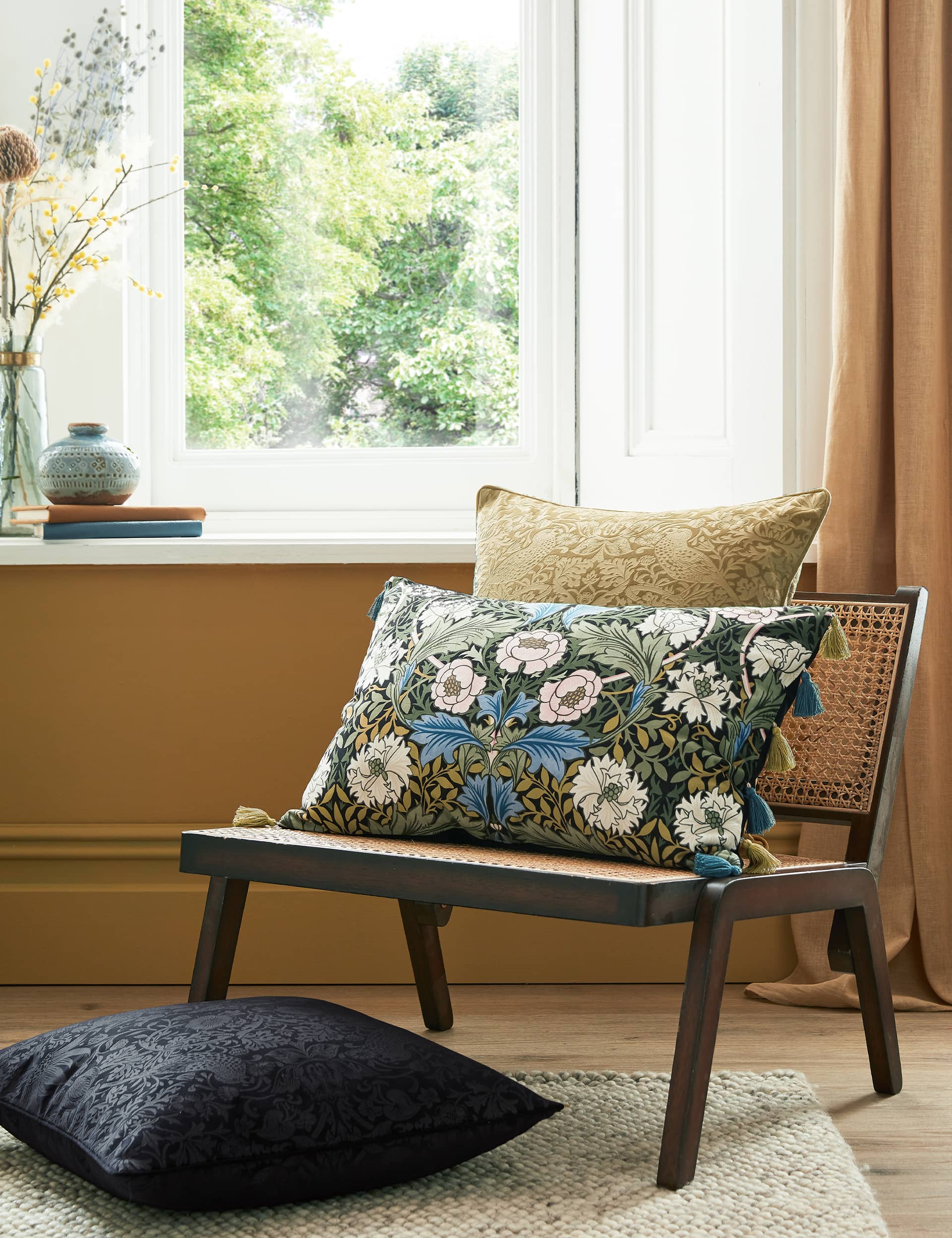 William Morris At Home Velvet Myrtle Tassled Bolster Cushion - Midnight, Midnight