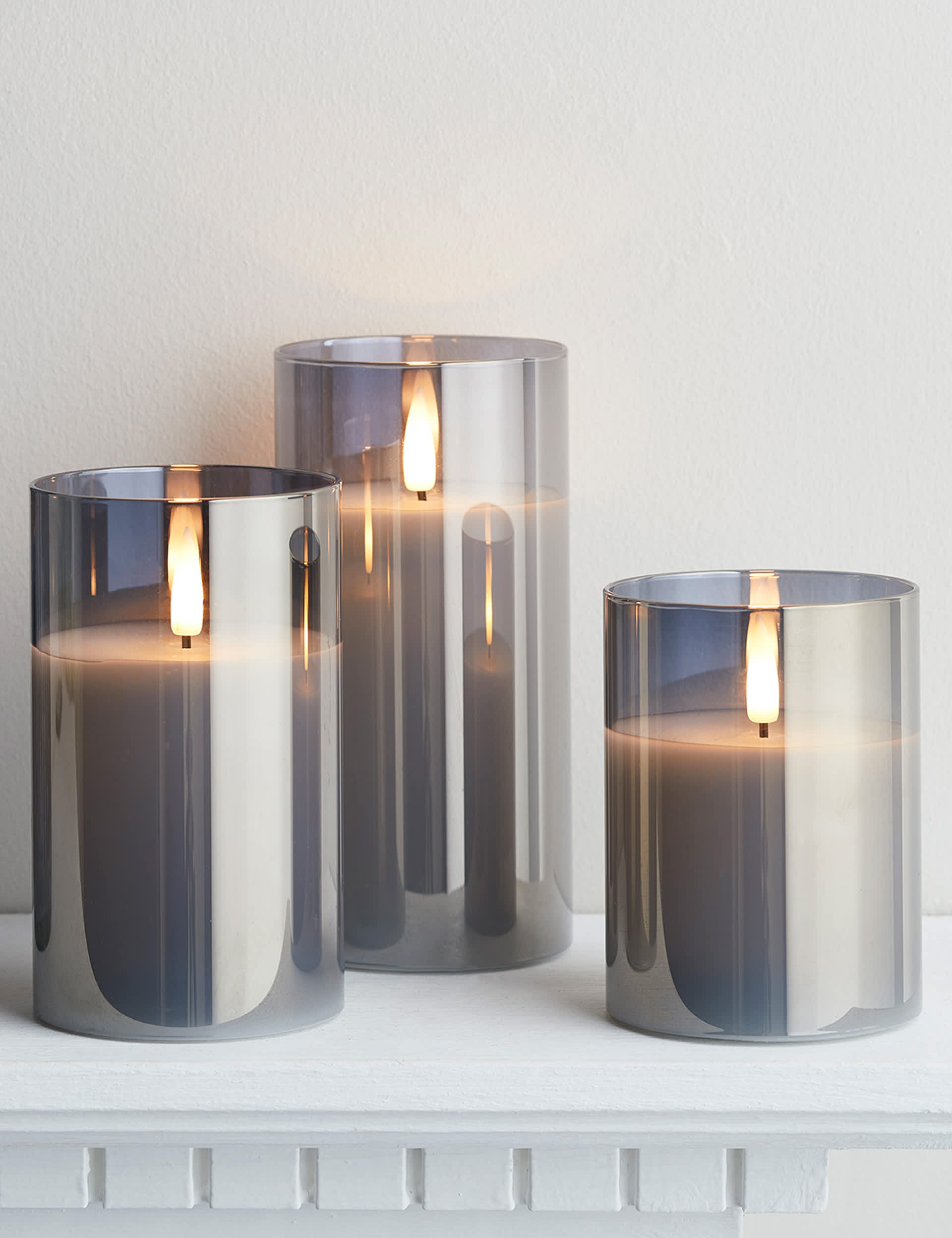 Lights4Fun Set of 3 TruGlow Smoked Glass Candles - Grey, Grey