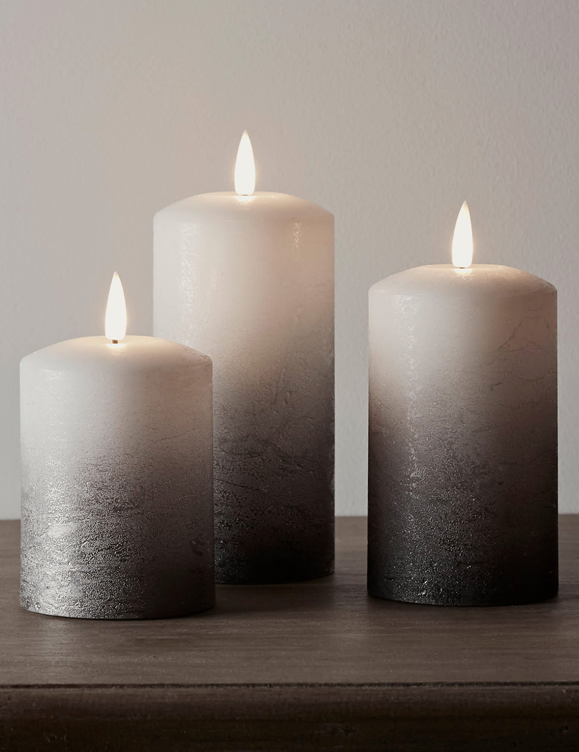 Lights4Fun Set of 3 TruGlow Ombre Pillar Candles - Grey, Grey