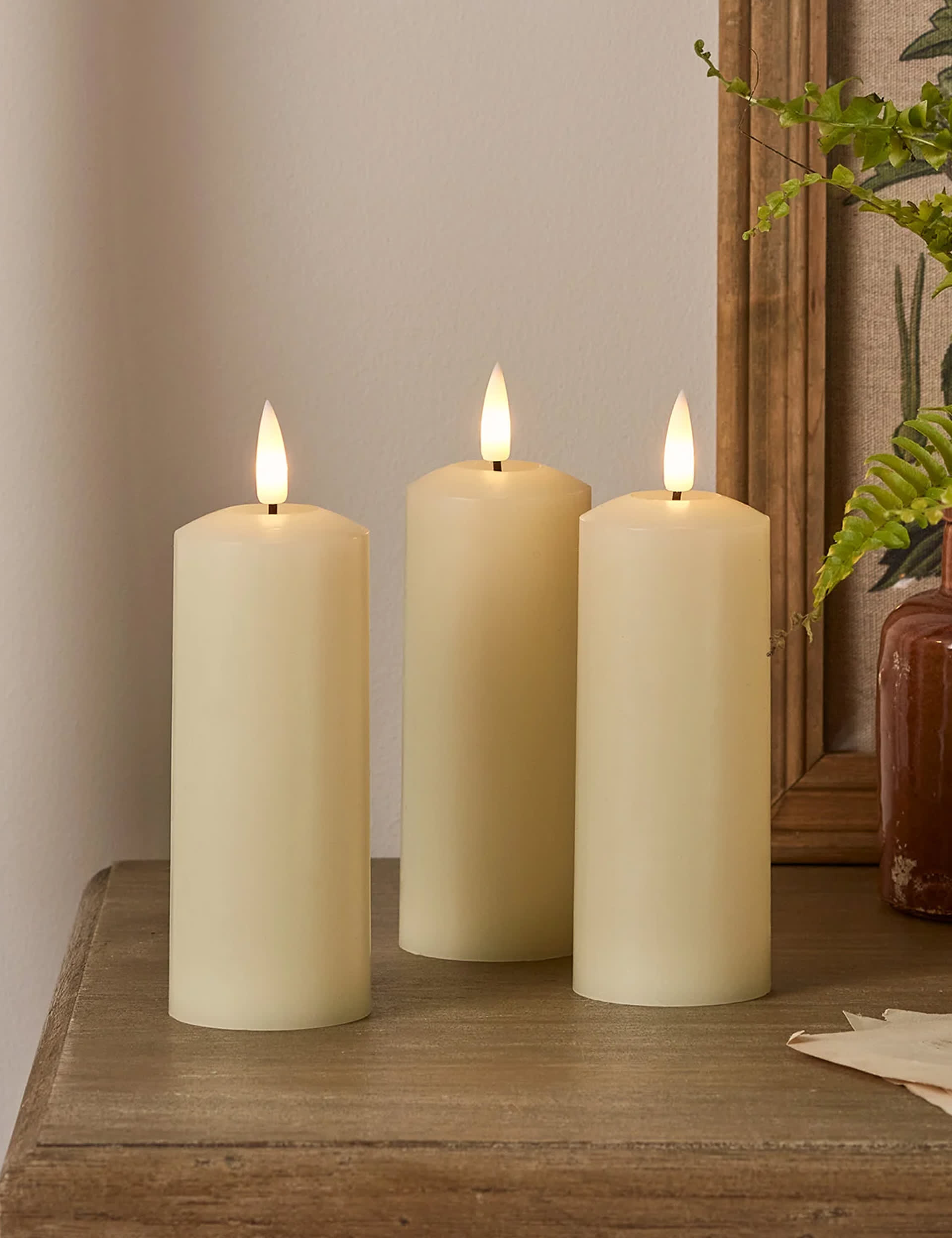 Lights4Fun Set of 3 TruGlow Skinny Pillar LED Candles - Ivory, Ivory