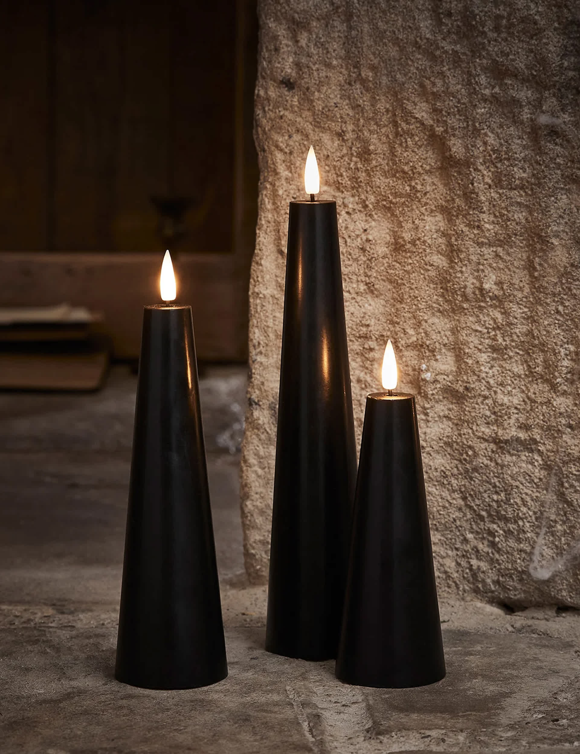 Lights4Fun Set of 3 TruGlow Cone Pillar LED Candles - Black, Black