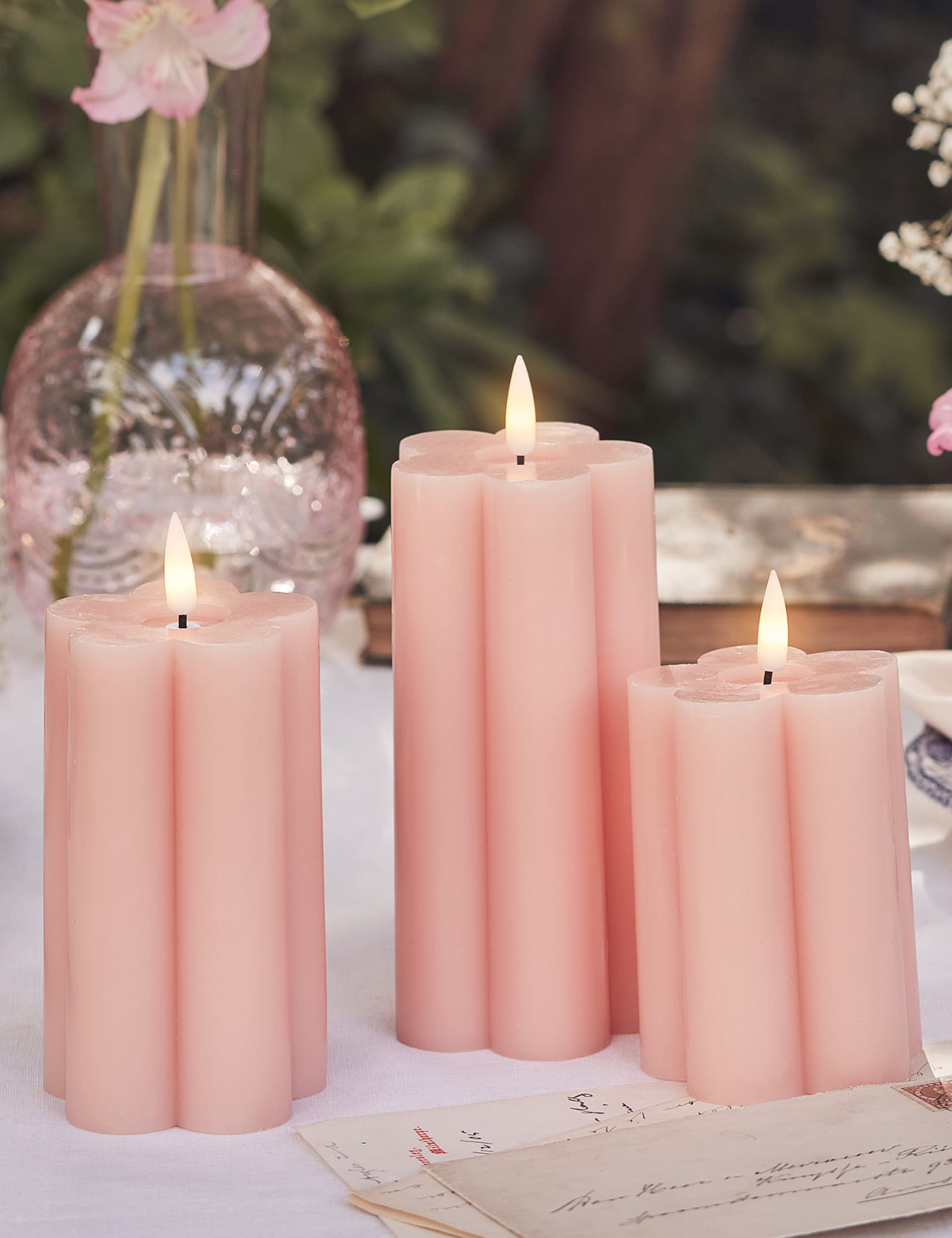 Lights4Fun Set of 3 TruGlow Wax Flower LED Candles - Pink, Pink