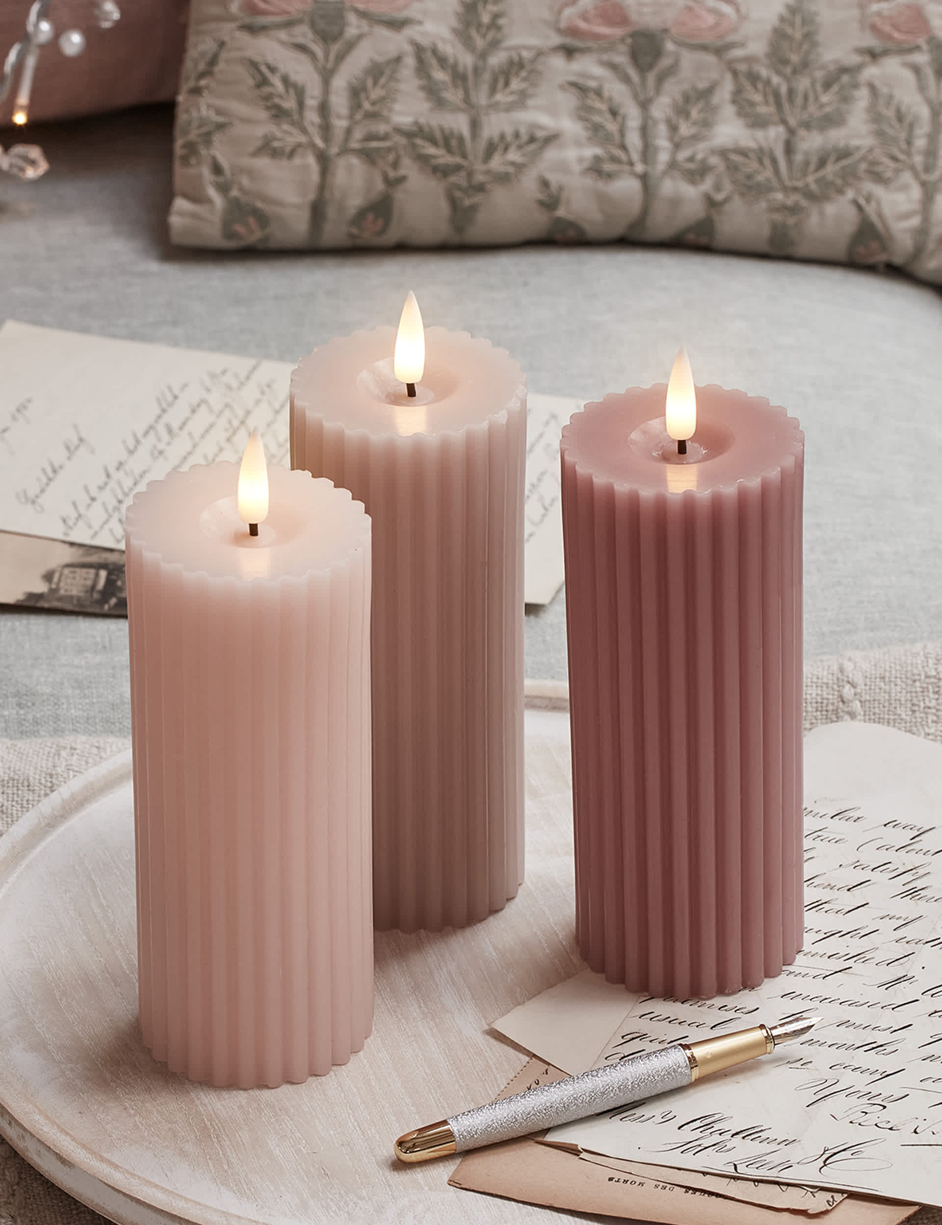 Lights4Fun Set of 3 TruGlow Fluted Wax LED Candles - Blush Pink, Blush Pink