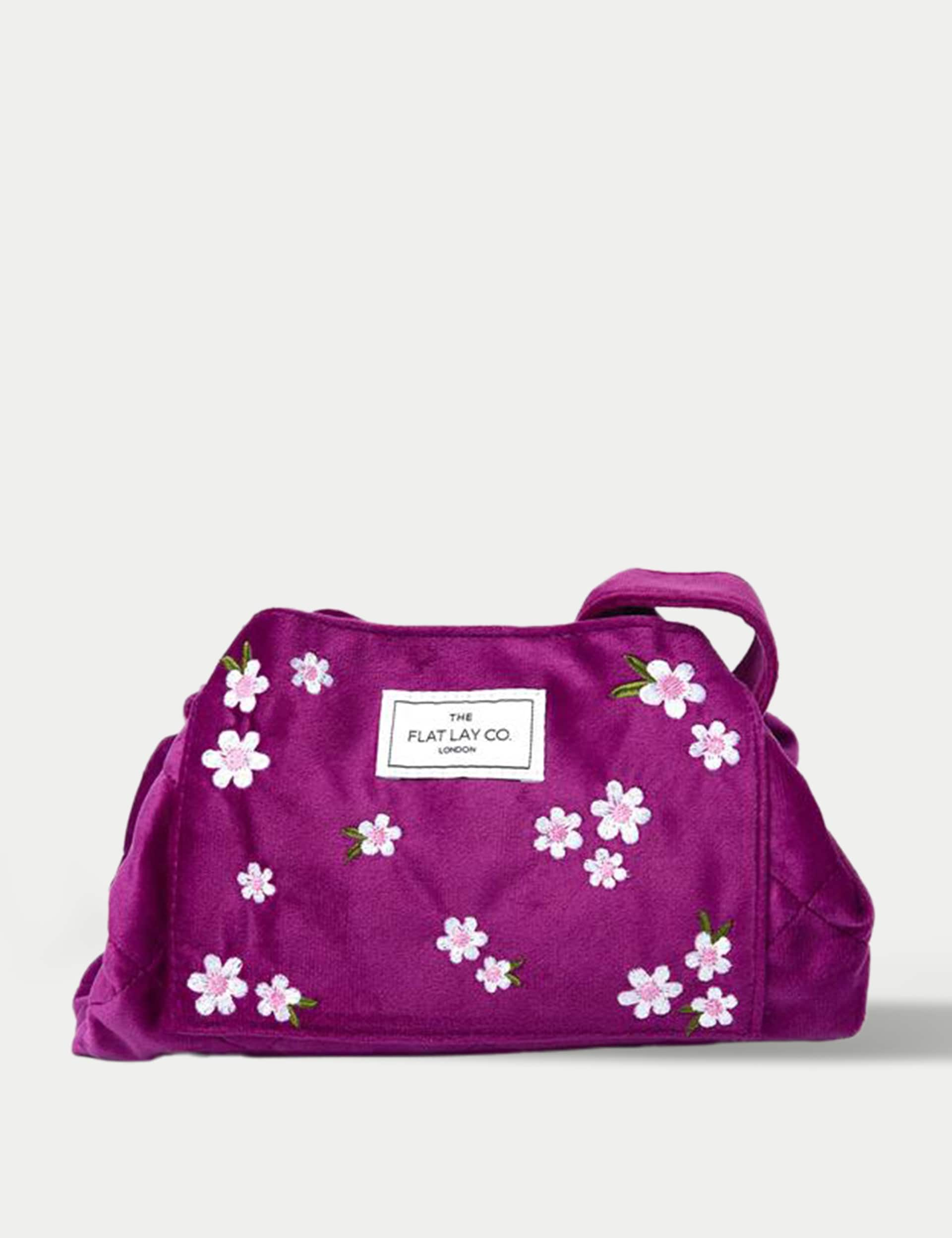 The Flat Lay Co. Women's Drawstring Makeup Bag in Embroidered Daisy Plum Velvet