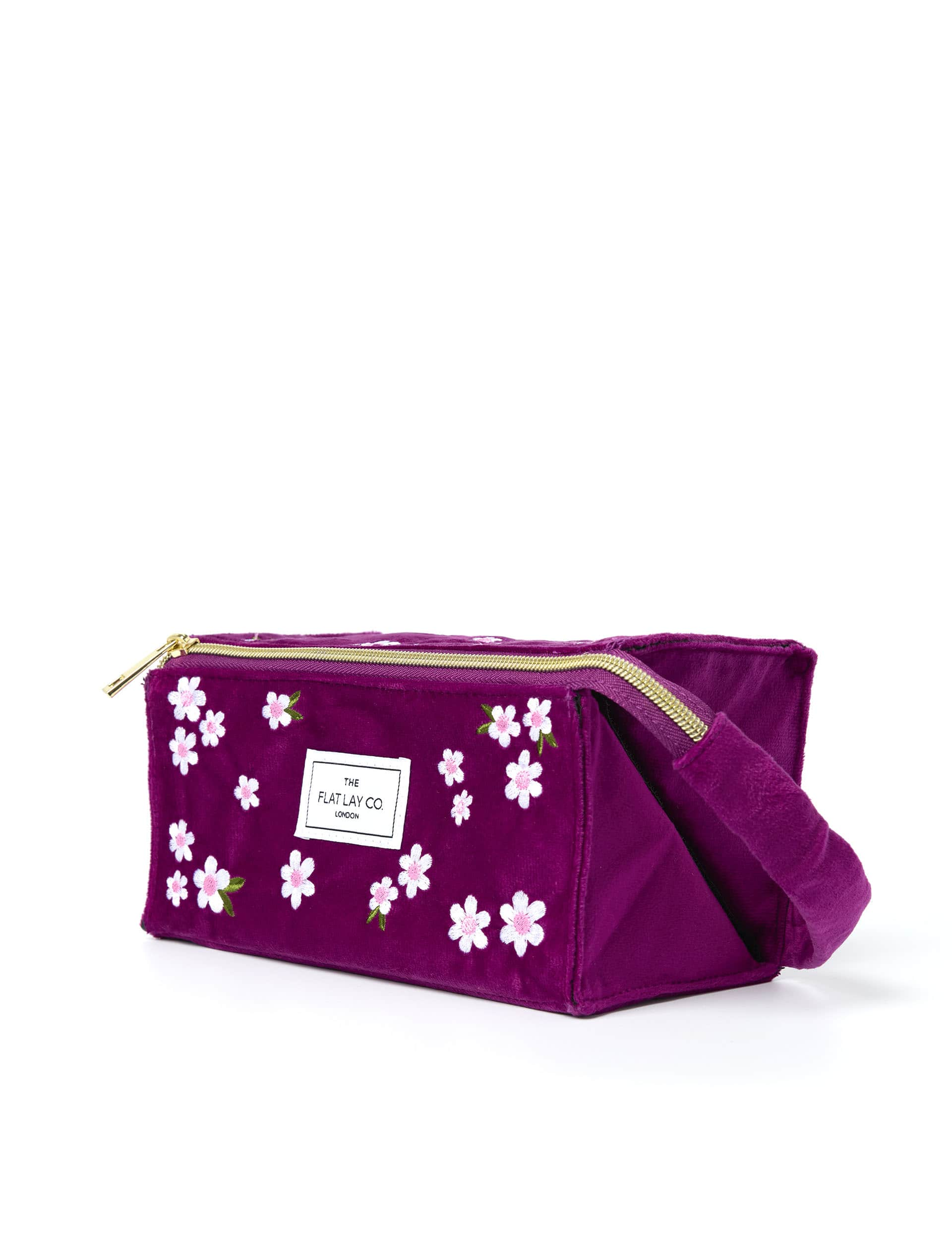 The Flat Lay Co. Women's Open Flat Box Makeup Bag in Embroidered Daisy Plum Velvet