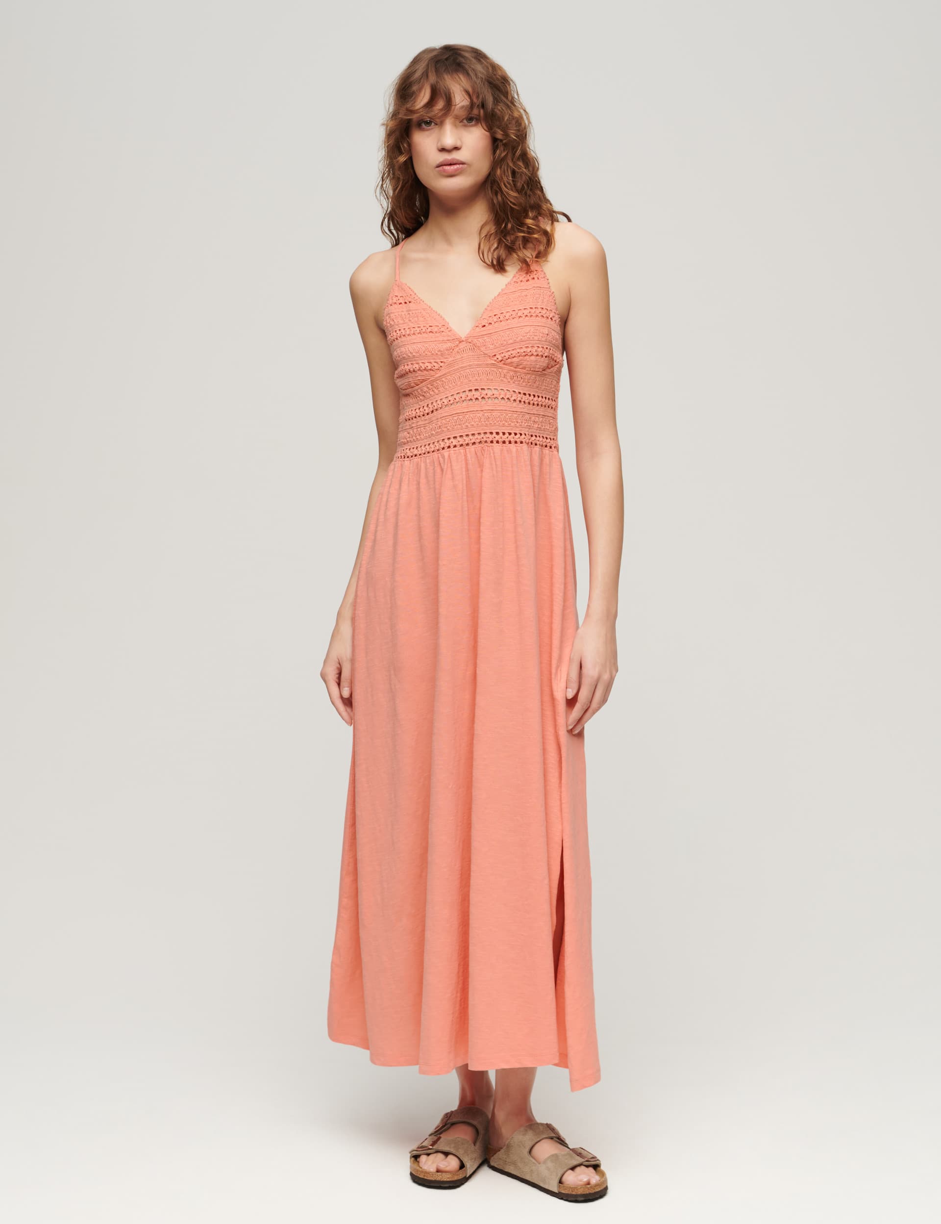 Superdry Women's Jersey Lace V-Neck Maxi Waisted Dress - 10 - Coral, Navy,Coral