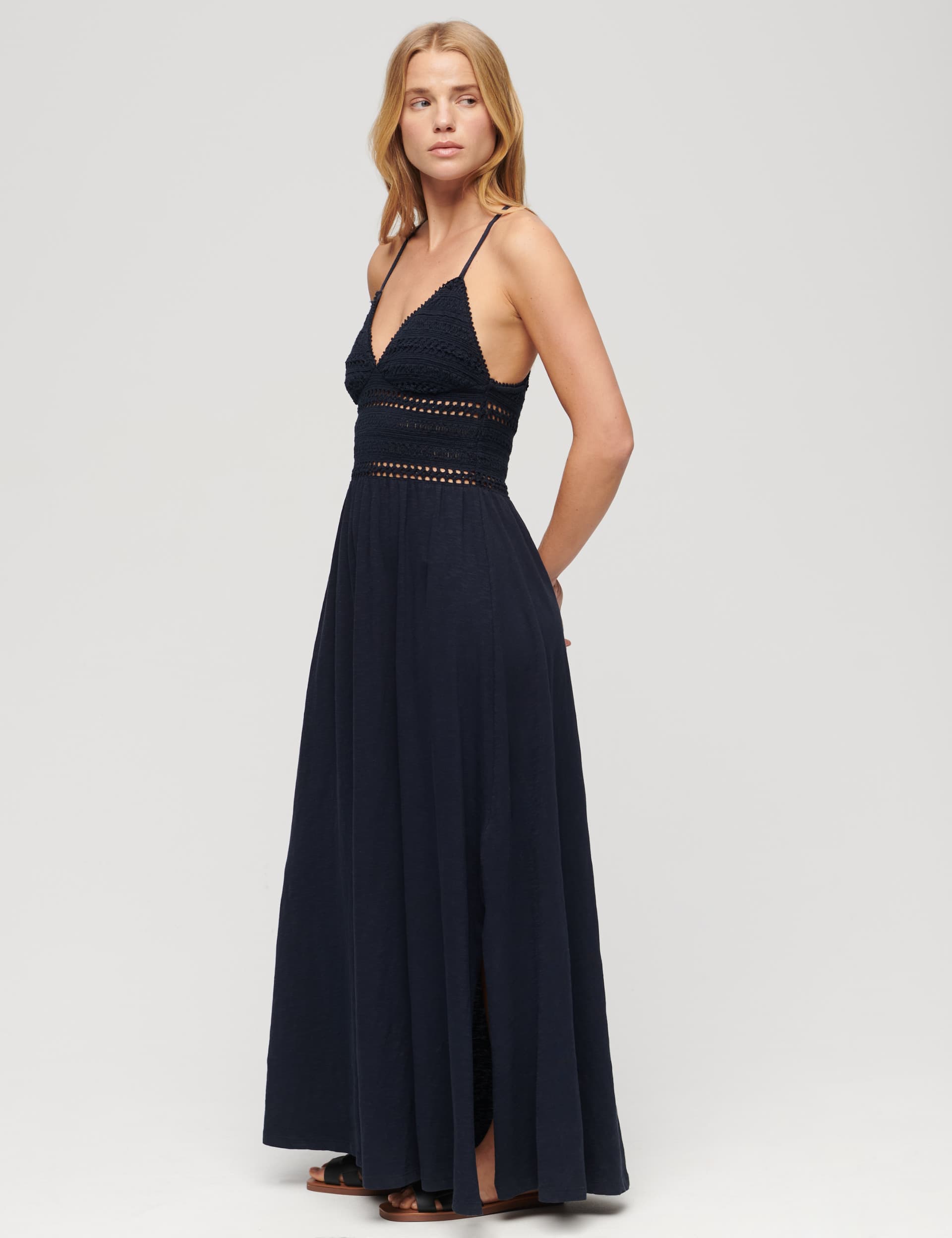 Superdry Women's Jersey Lace V-Neck Maxi Waisted Dress - 10 - Navy, Navy