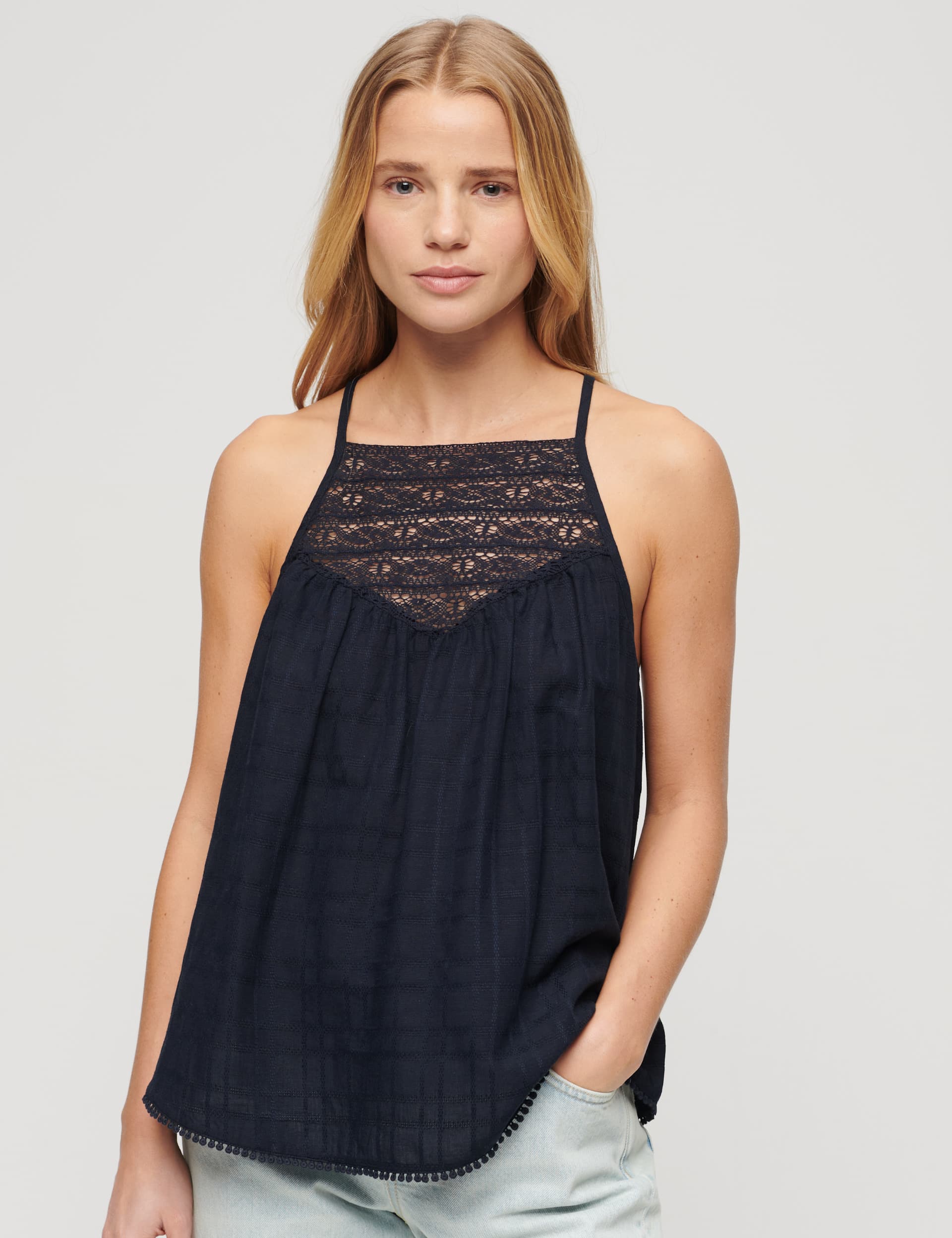 Superdry Women's Linen Blend Lace Cami Top - 8 - Navy, Navy