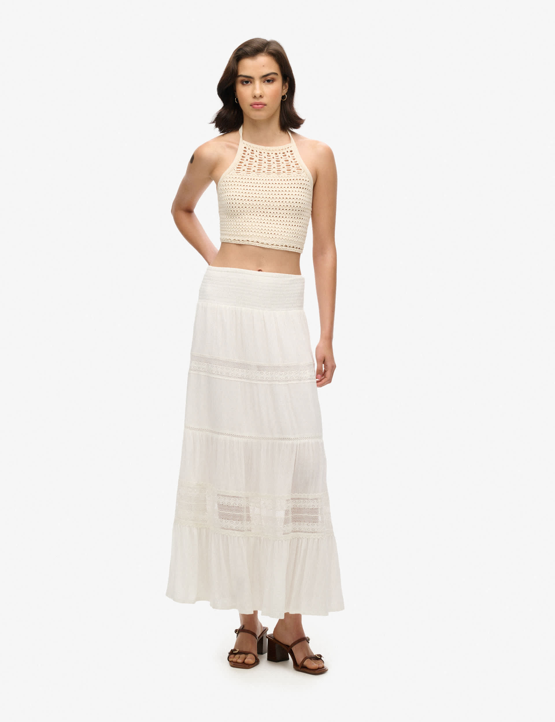 Superdry Women's Textured Lace Detail Maxi Tiered Skirt - 8 - White, White