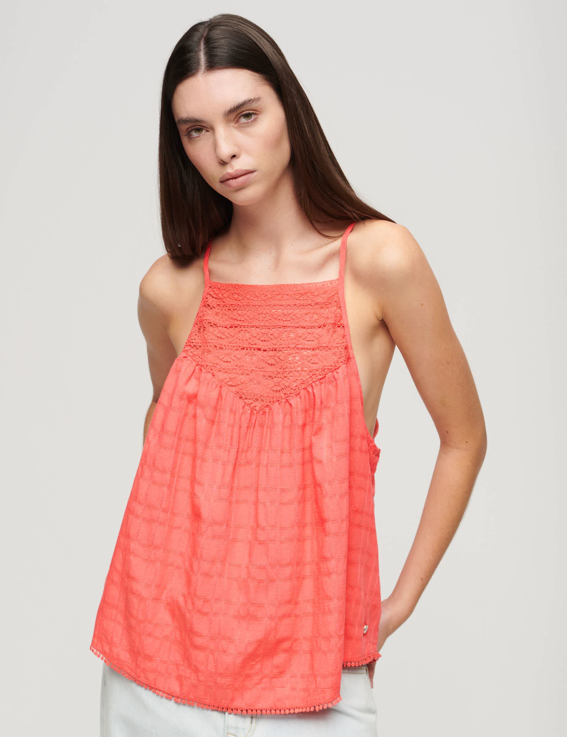 Superdry Women's Textured Lace Detail Relaxed Cami Top - 10 - Coral, Coral,Yellow