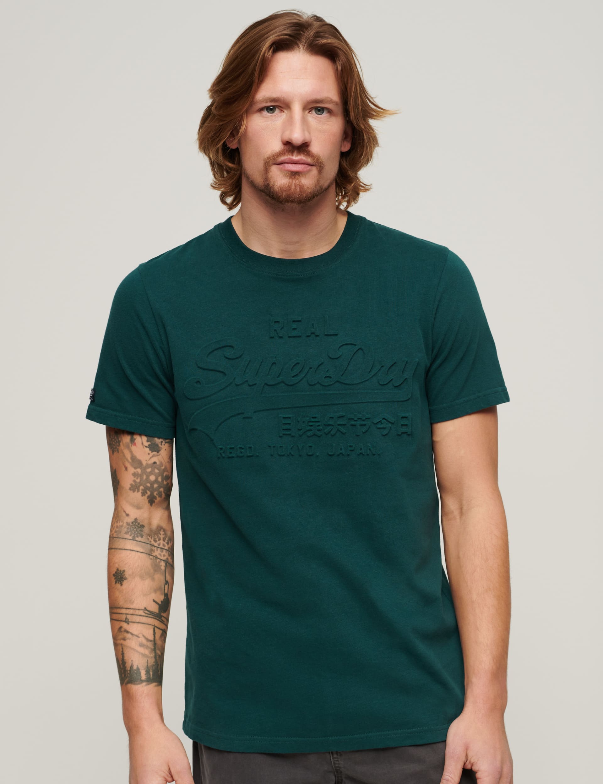 Superdry Men's Pure Cotton Embossed Logo Crew Neck T-Shirt - Green, Green