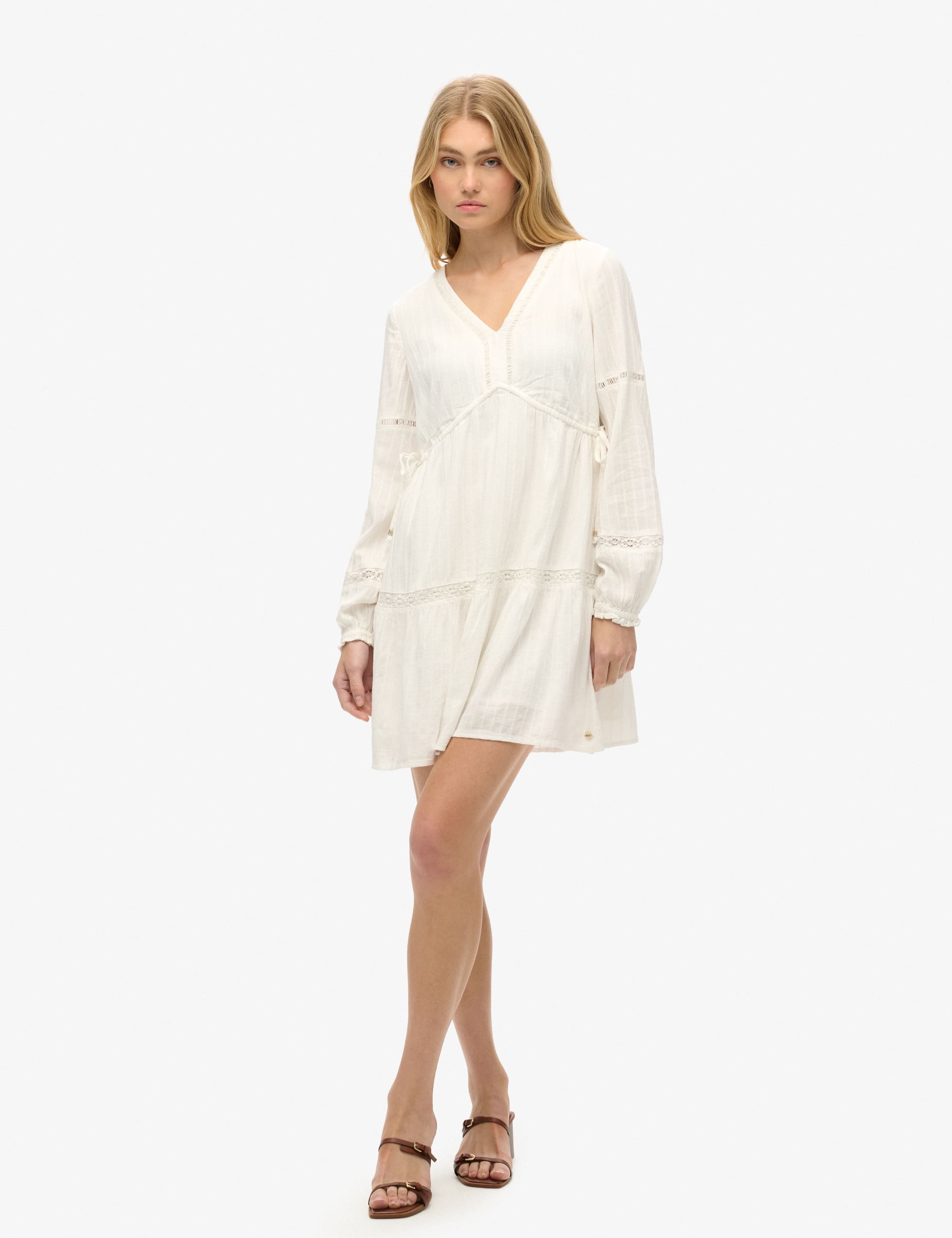 Superdry Women's Cotton Rich V-Neck Mini Tiered Smock Dress - 12 - White, White