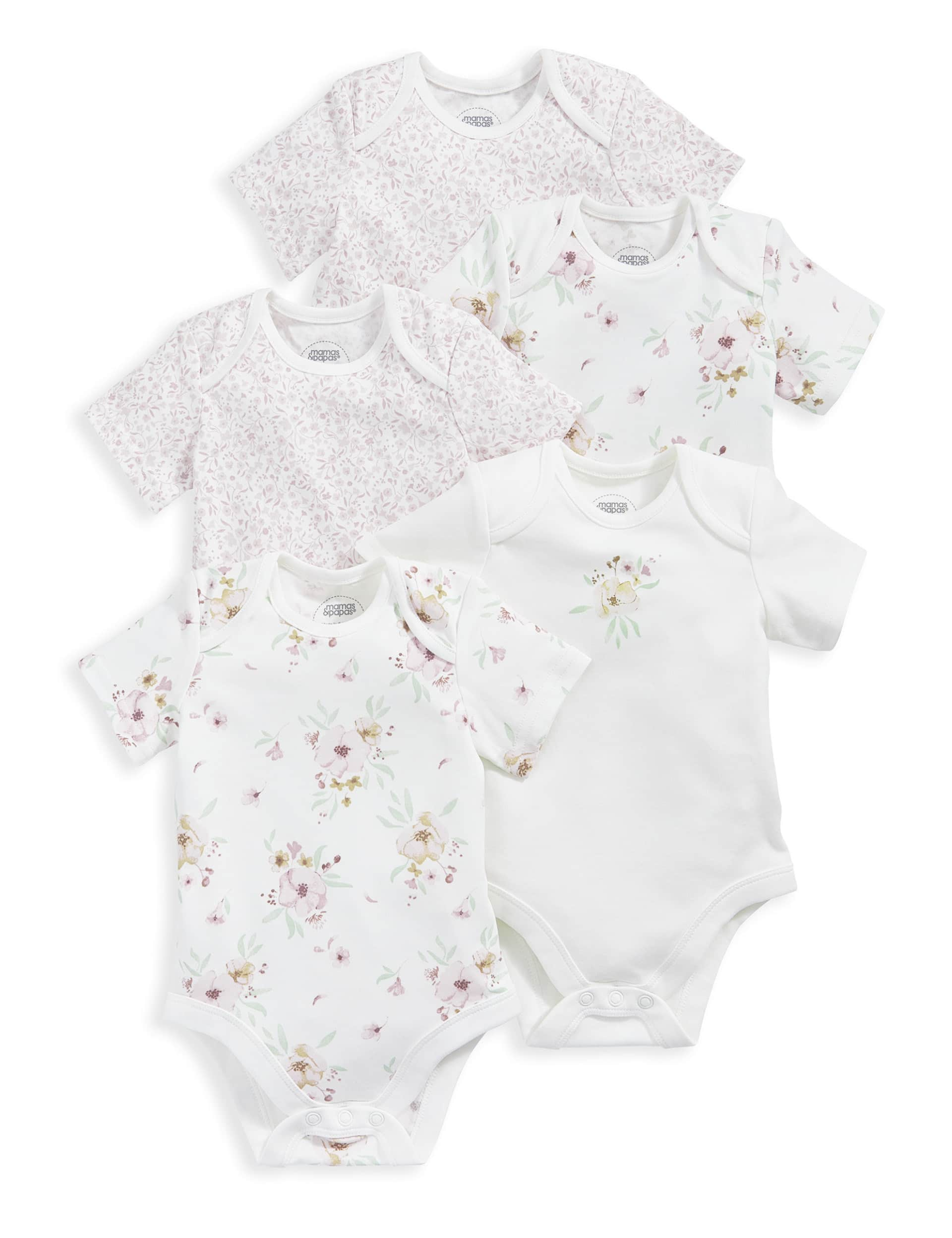 Mamas & Papas Girls 5pk Pure Cotton Floral Bodysuits (7lbs-2 Yrs) - UT1M - Pink, Pink