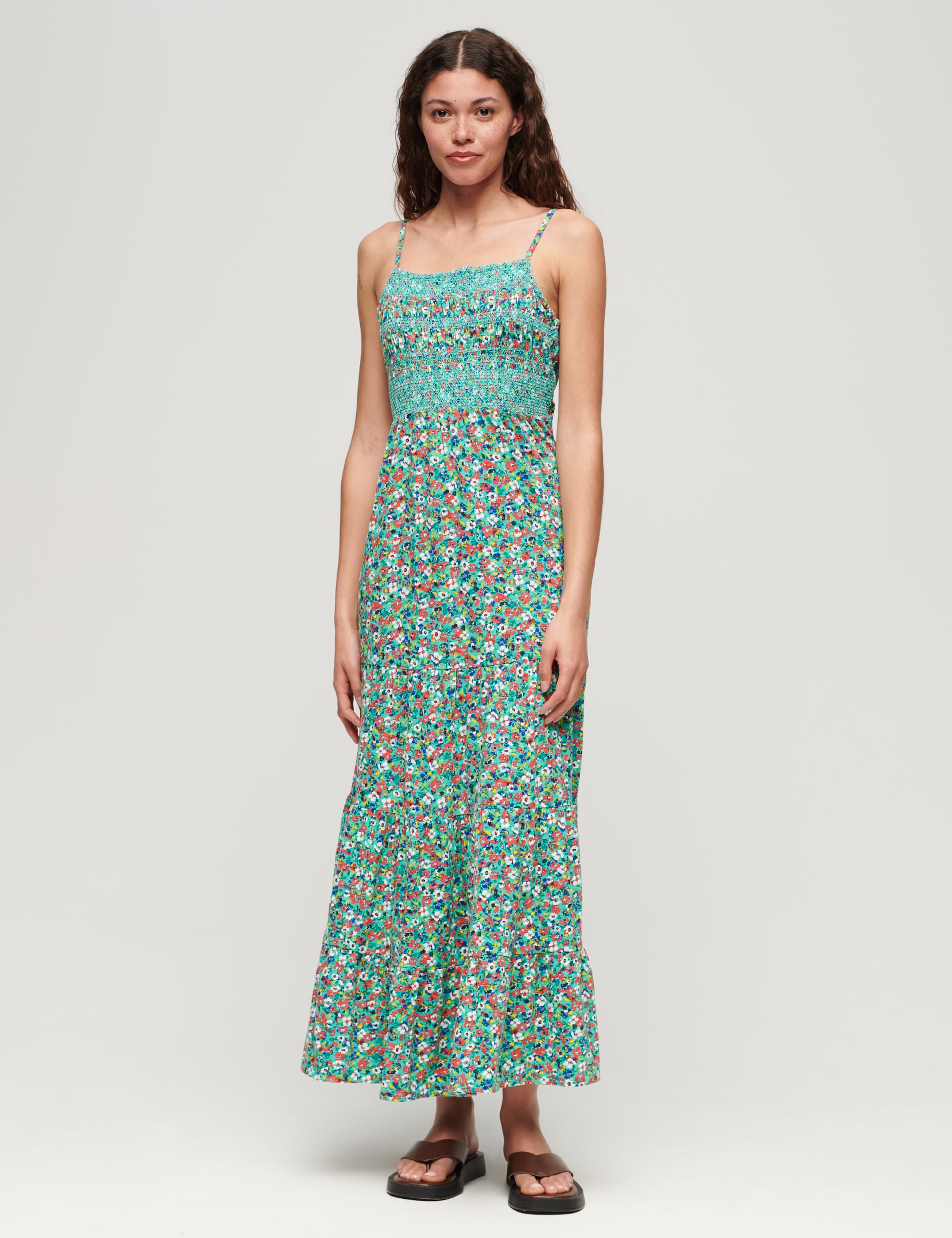 Superdry Women's Pure Cotton Smocked Maxi Tiered Dress - 12 - Green, Green,Black