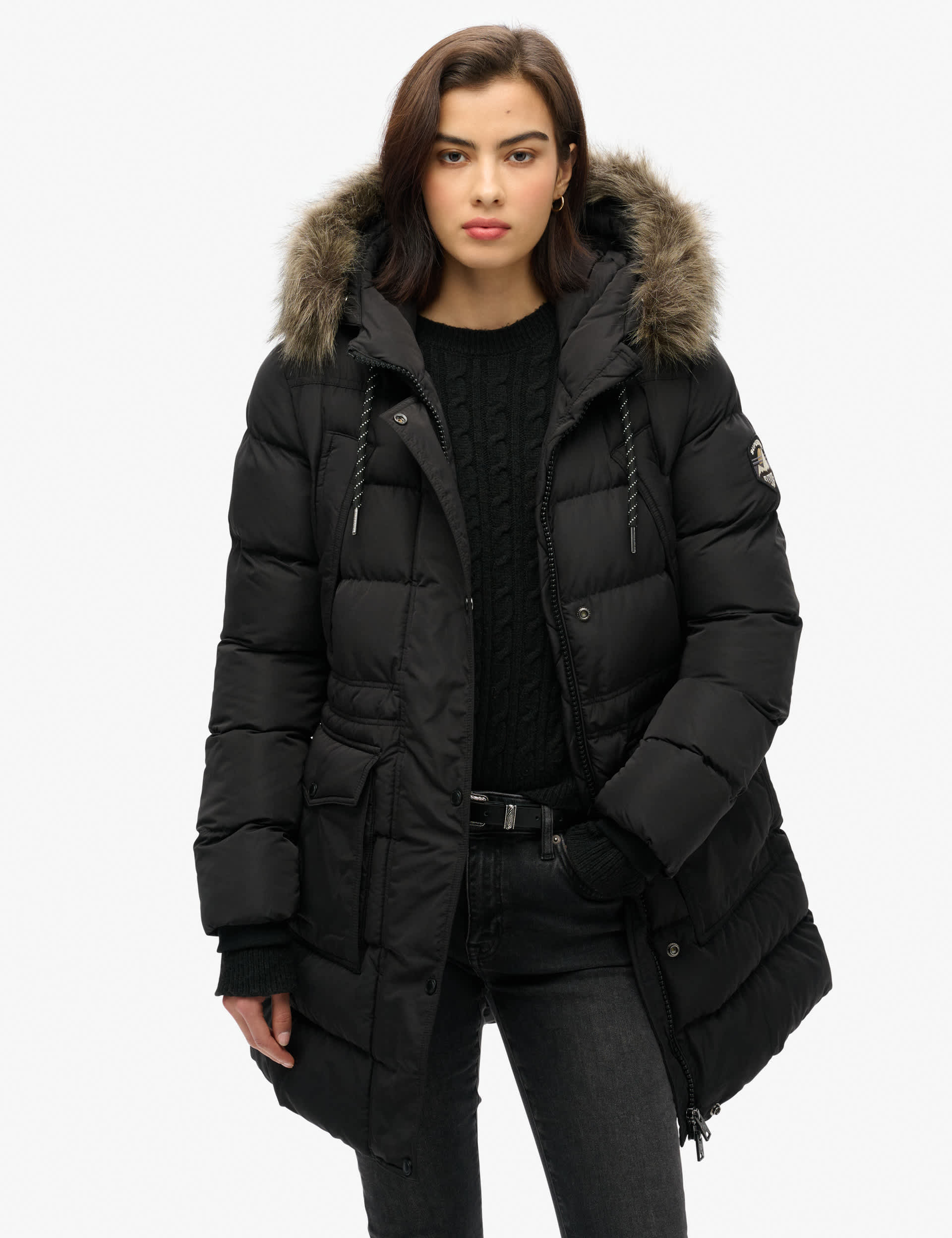 Superdry Women's Faux Fur Hooded Puffer Jacket - 8 - Black, Black