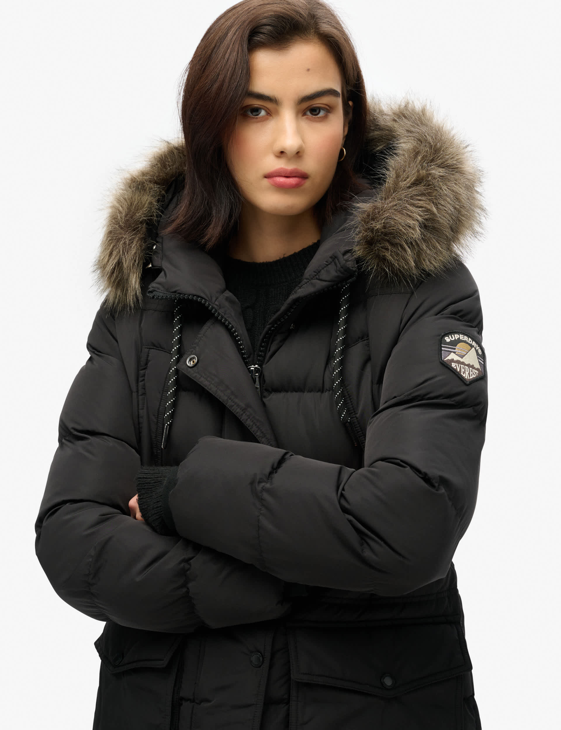 Superdry Women's Faux Fur Hooded Puffer Jacket - 8 - Black, Black