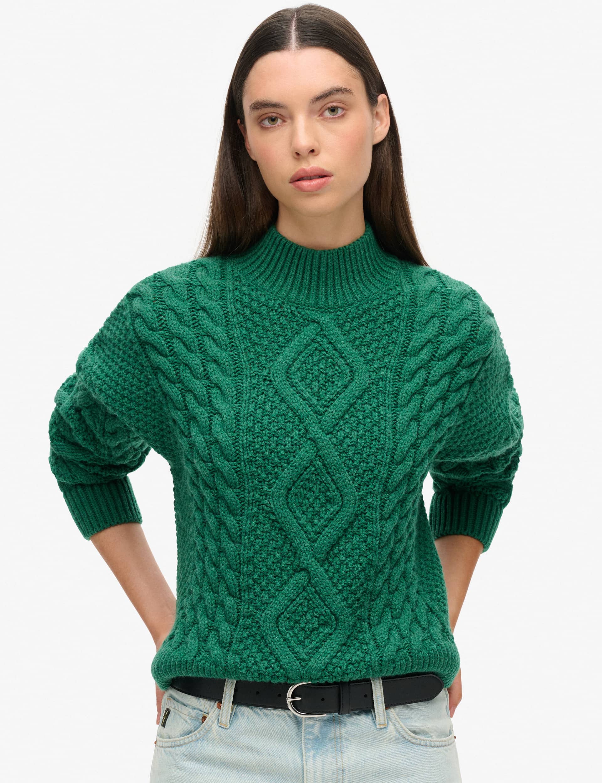 Superdry Women's Cable Knit Funnel Neck Jumper with Wool - 12 - Green, Cream,Green