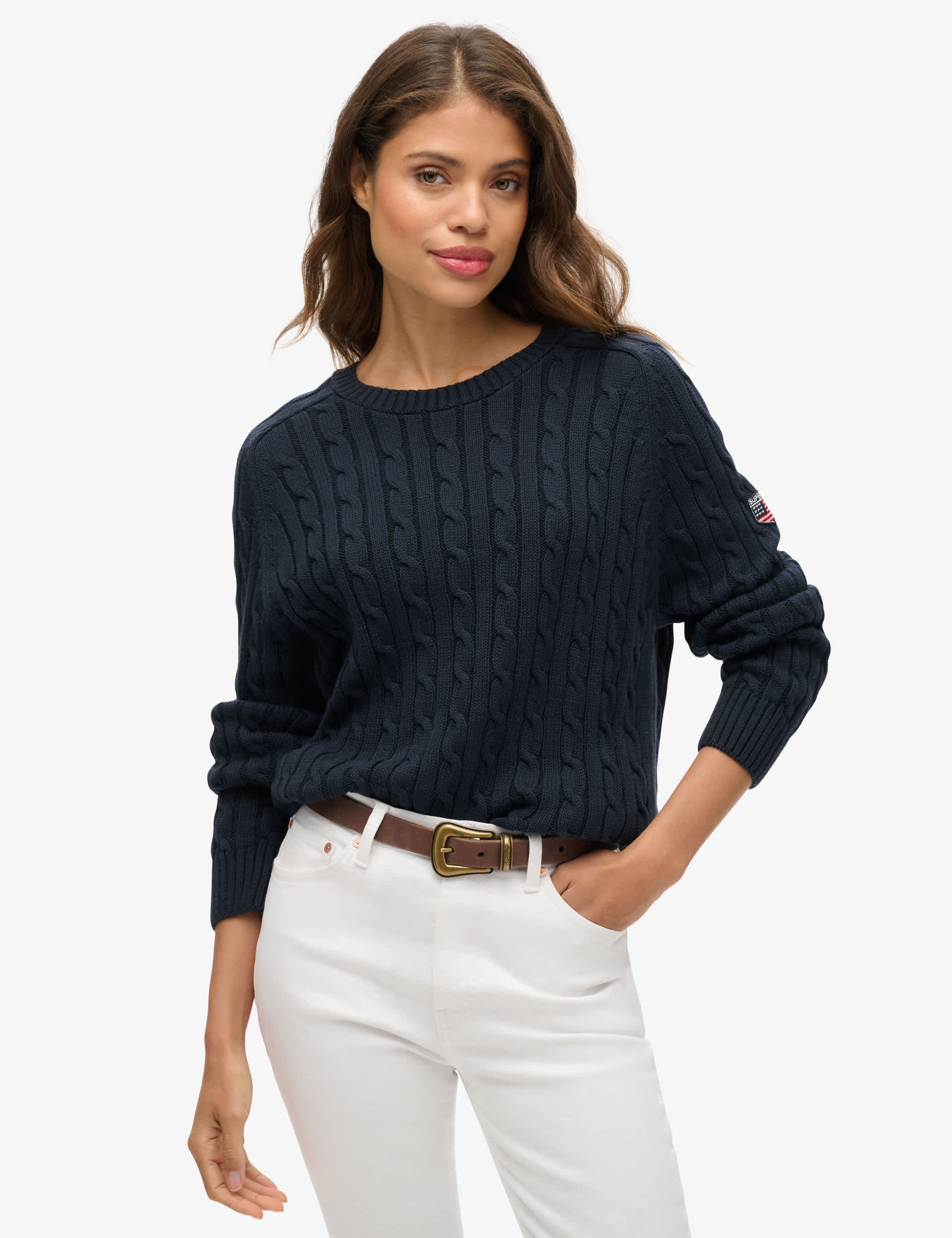 Superdry Women's Slouchy Cable Knit Jumper - 10 - Navy, White,Navy,Green