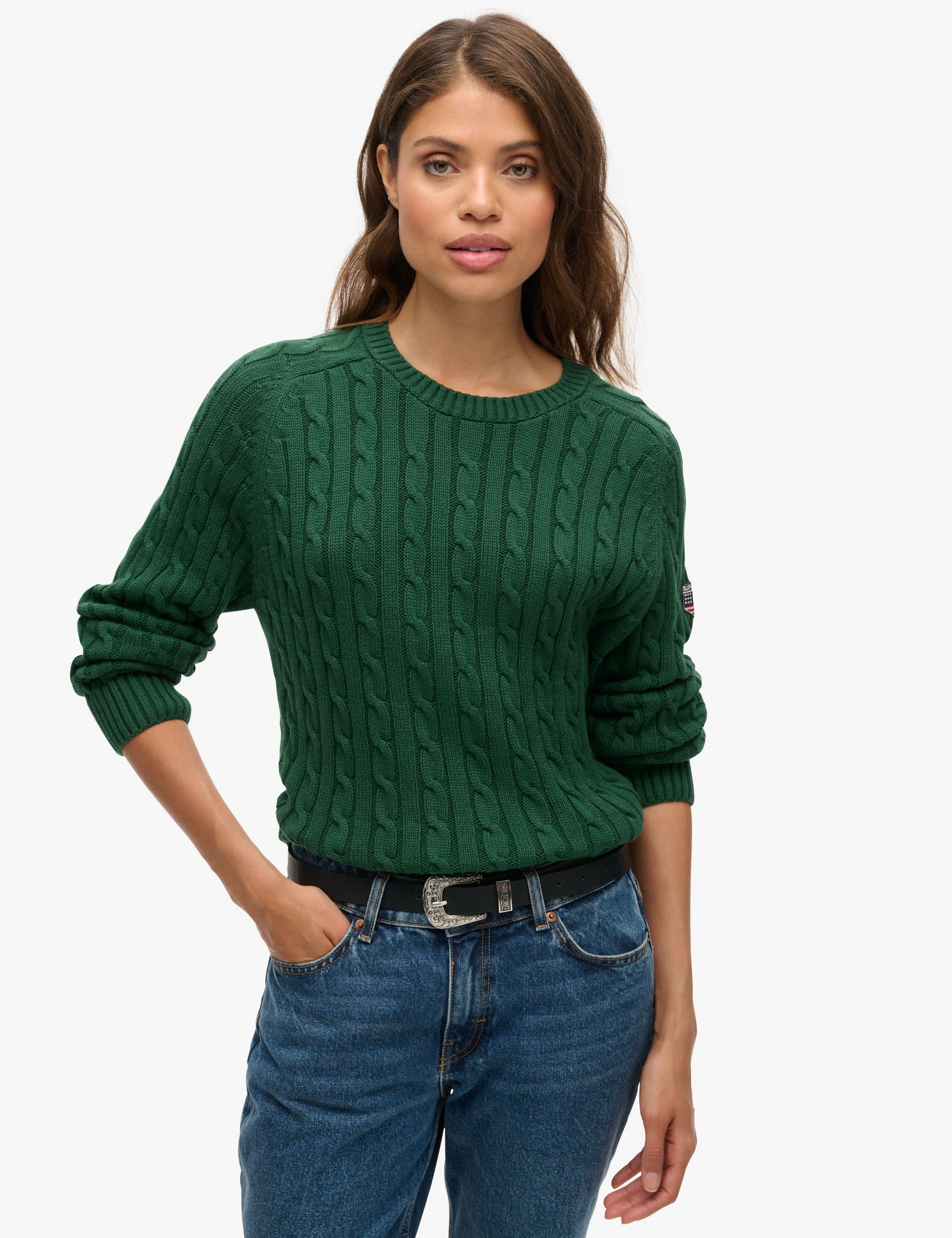 Superdry Women's Slouchy Cable Knit Jumper - 10 - Green, White,Navy,Green