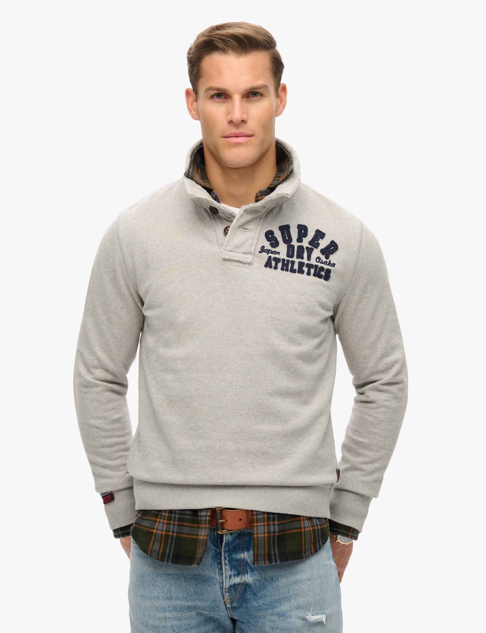 Superdry Men's Oversized Pure Cotton Henley Sweatshirt - M - Light Grey, Light Grey