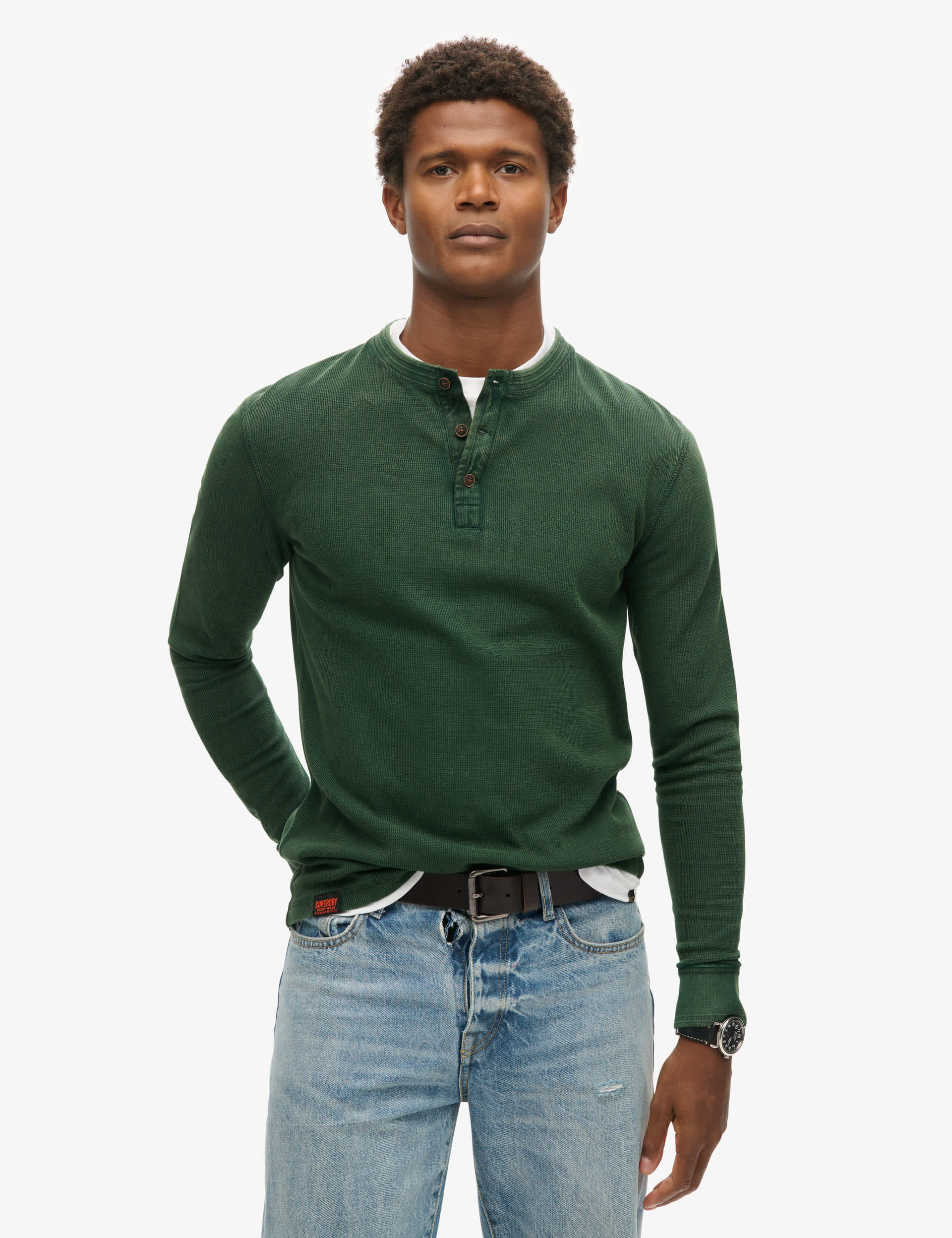 Superdry Men's Overzized Pure Cotton Grandad Collar Top - M - Green, Black,Navy,Green,Brown