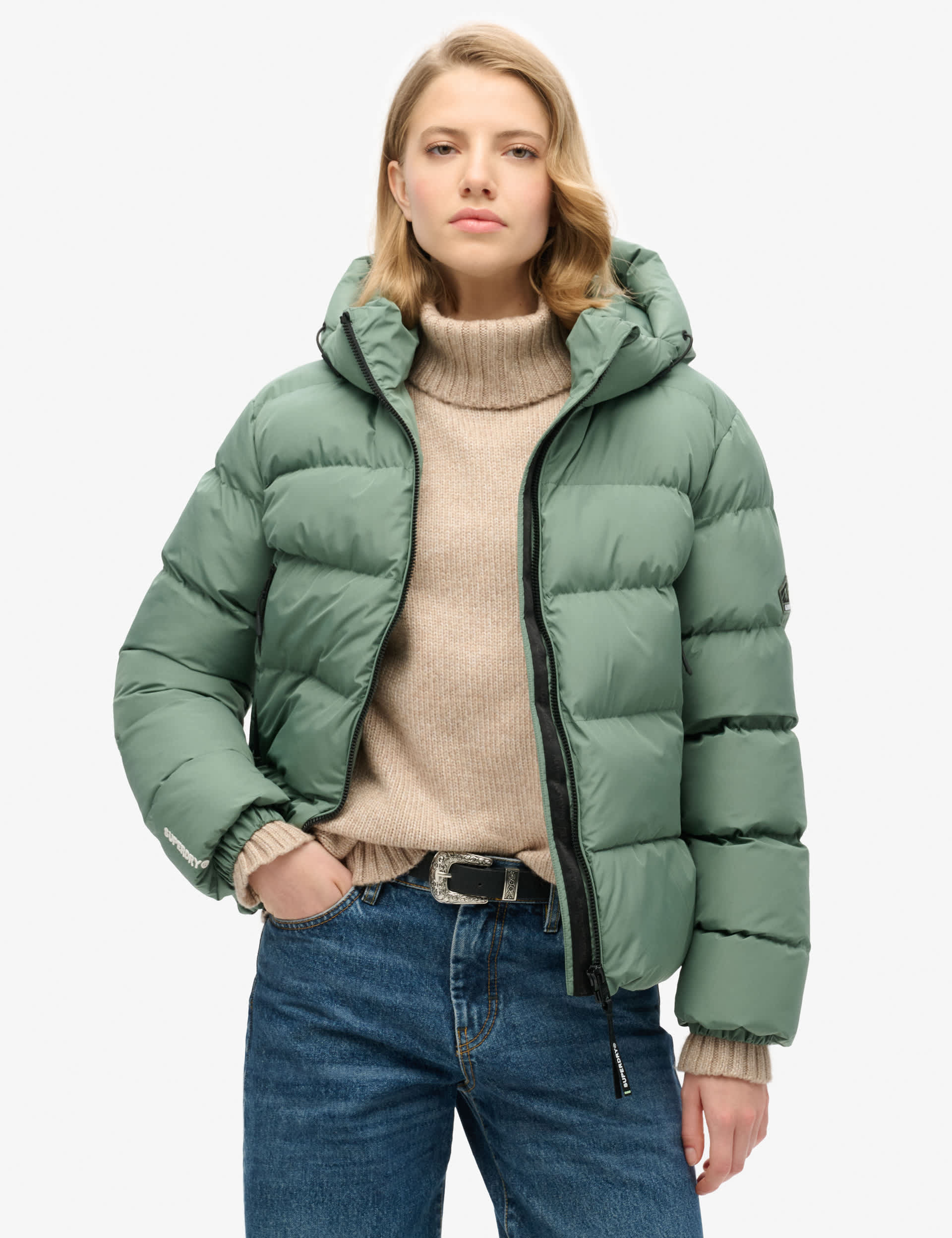 Superdry Women's Padded Hooded High Neck Puffer Jacket - 12 - Green, Green,Black,White