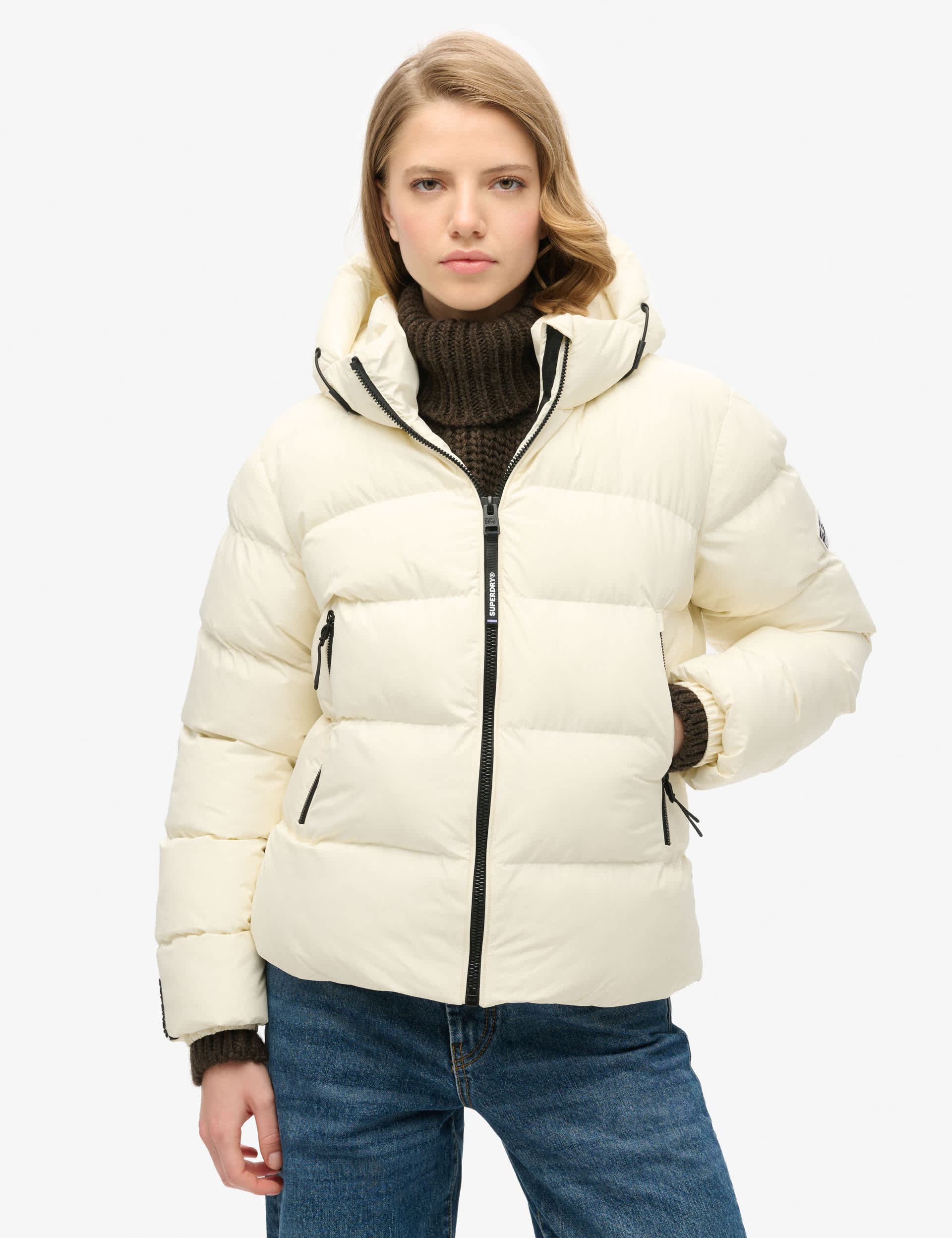 Superdry Women's Padded Hooded High Neck Puffer Jacket - 12 - White, Black,White,Green