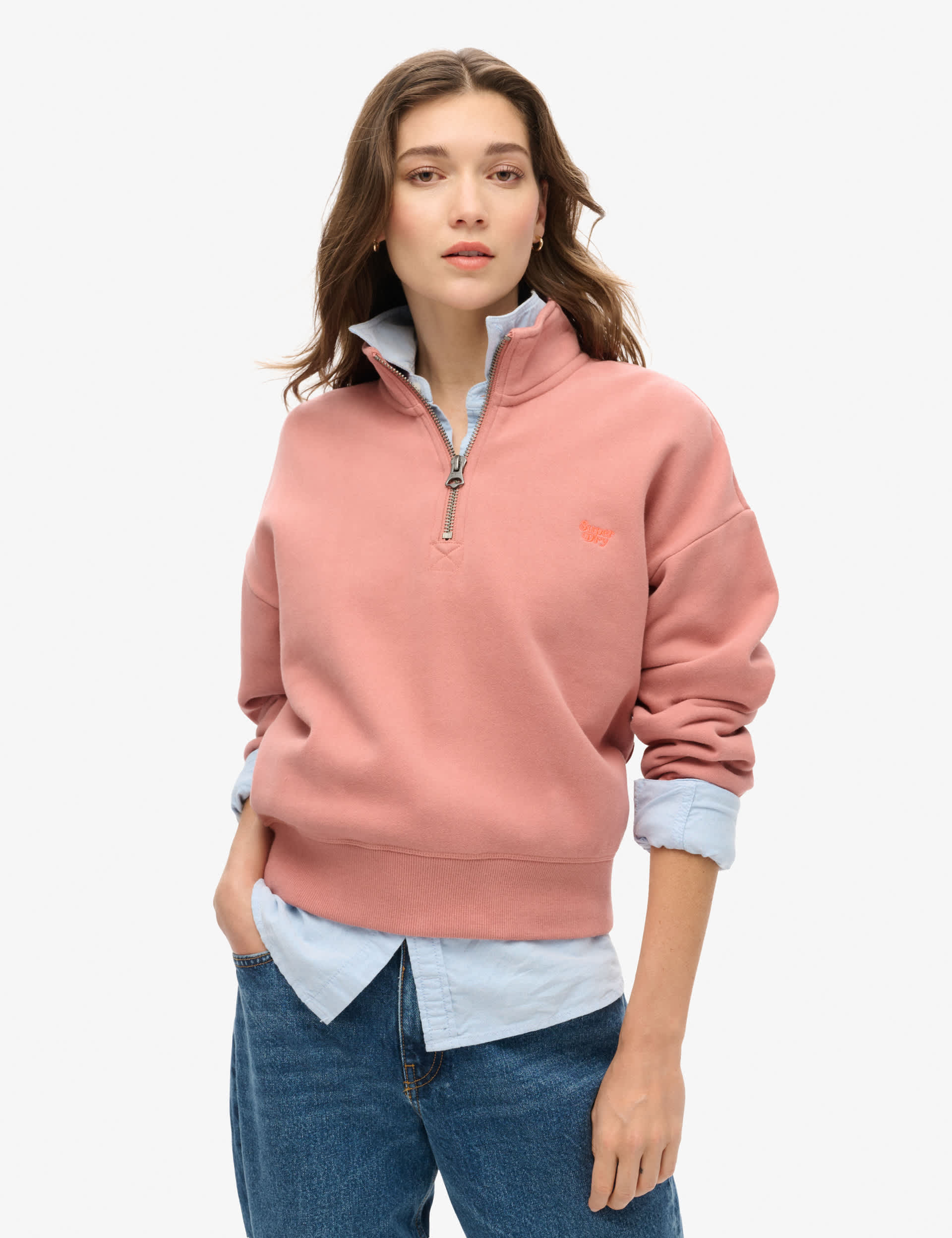 Superdry Women's Cotton Rich Embroidered Funnel Neck Sweatshirt - 8 - Pink, Pink