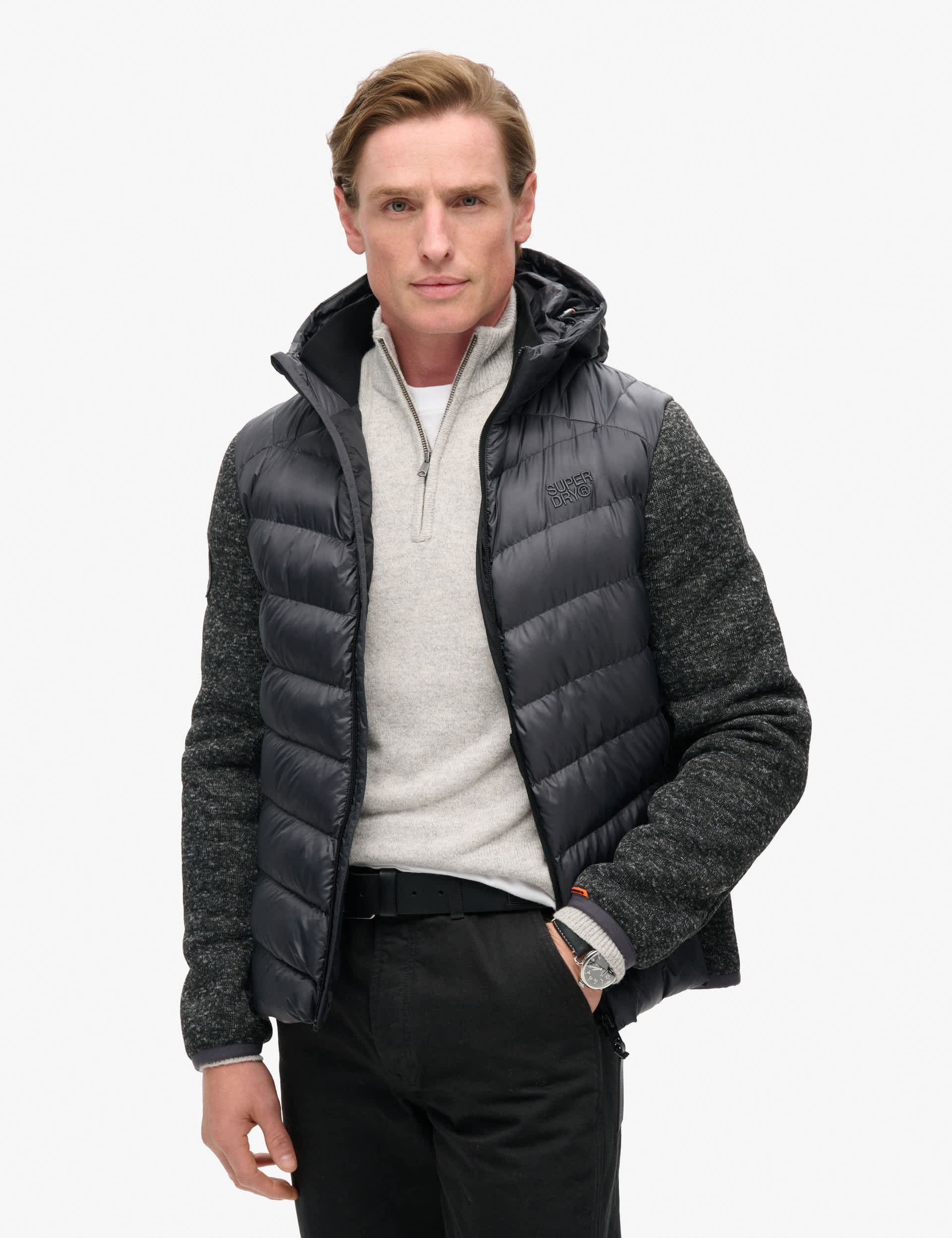 Superdry Men's Hooded Knitted Hybrid Jacket - M - Dark Grey, Dark Grey,Navy