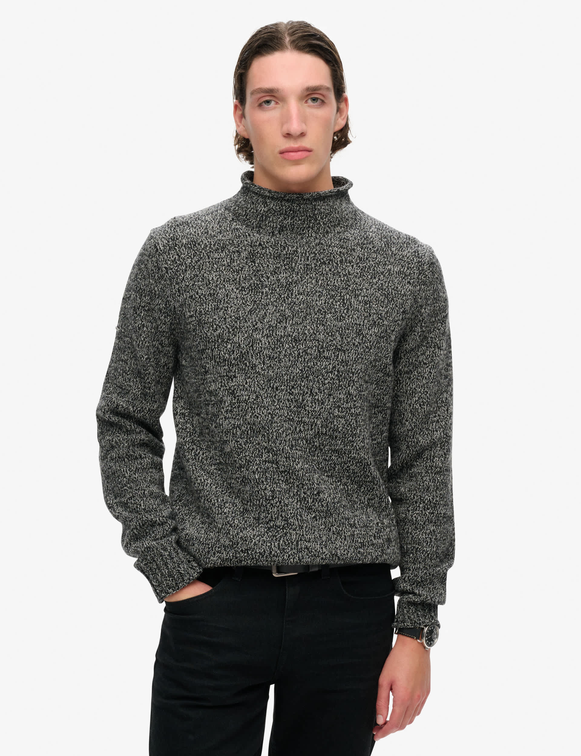 Superdry Men's Cotton Blend High Neck Jumper with Wool - Dark Grey, Dark Grey,Grey Marl