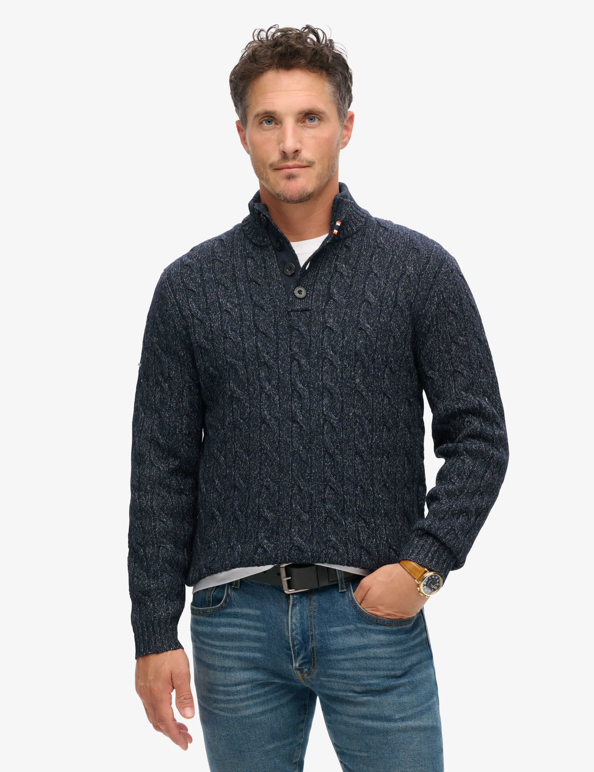 Superdry Men's Cable Button Neck Jumper - Navy, Navy