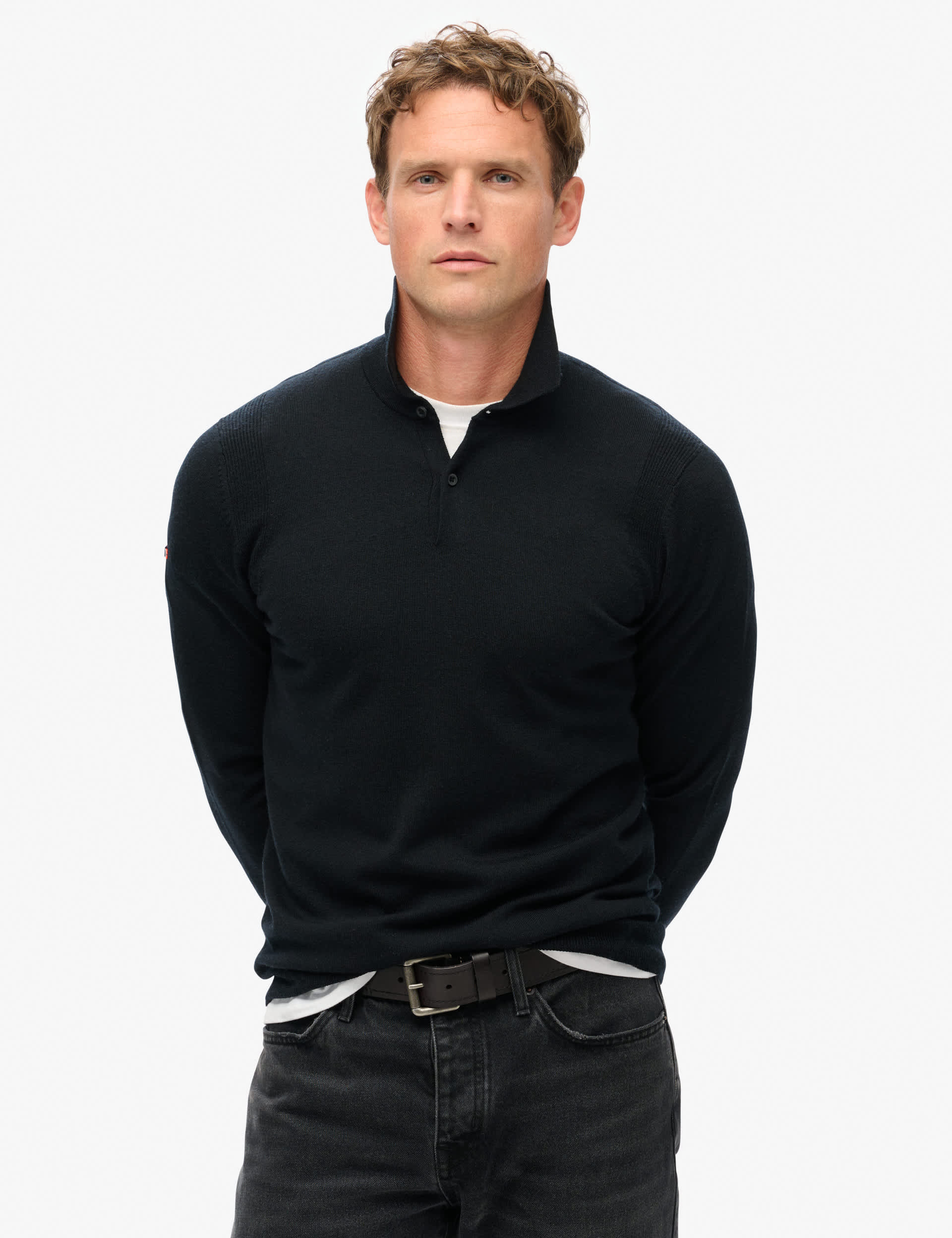 Superdry Men's Merino Long Sleeve Polo Jumper - Black, Black,Navy