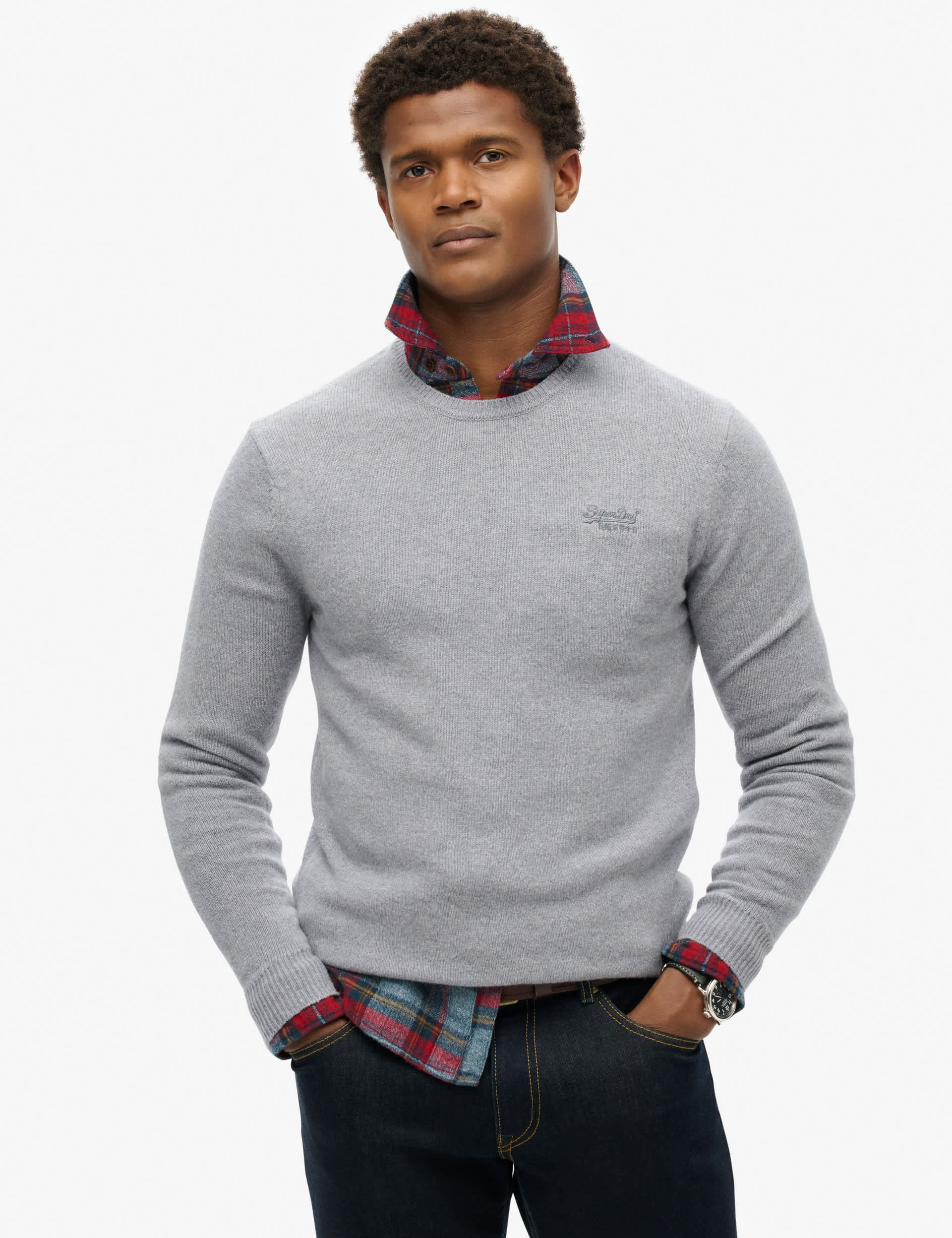 Superdry Men's Wool Blend Ribbed Crew Neck Jumper - Light Grey, Black,Light Grey,Navy,Brown