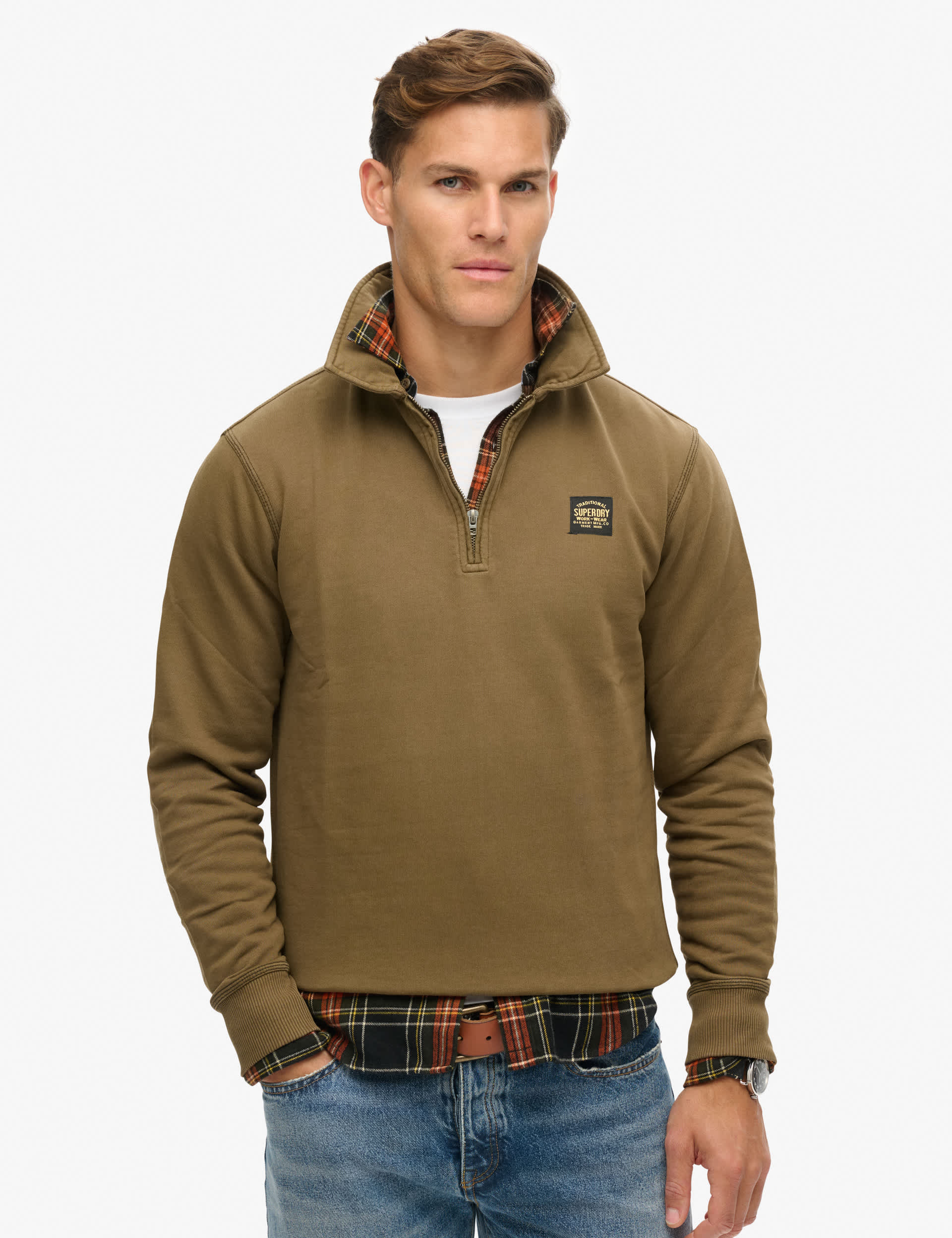 Superdry Men's Pure Cotton Half Zip Long Sleeve Sweatshirt - Green, Green,Black