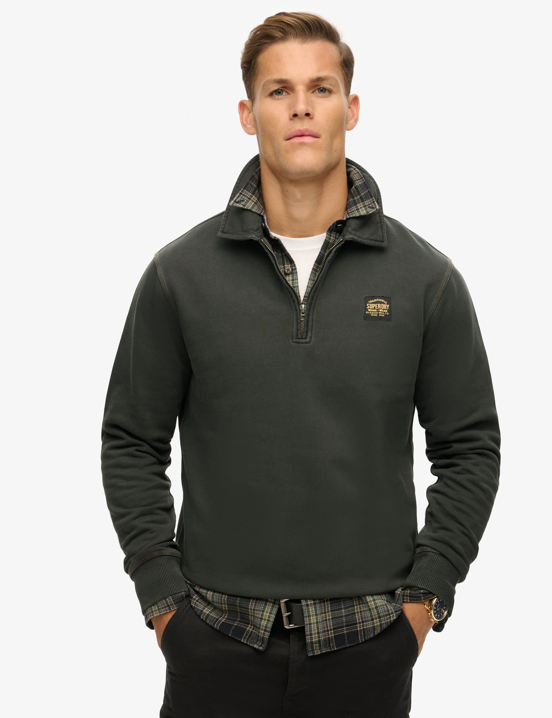 Superdry Men's Pure Cotton Half Zip Long Sleeve Sweatshirt - Black, Black,Green