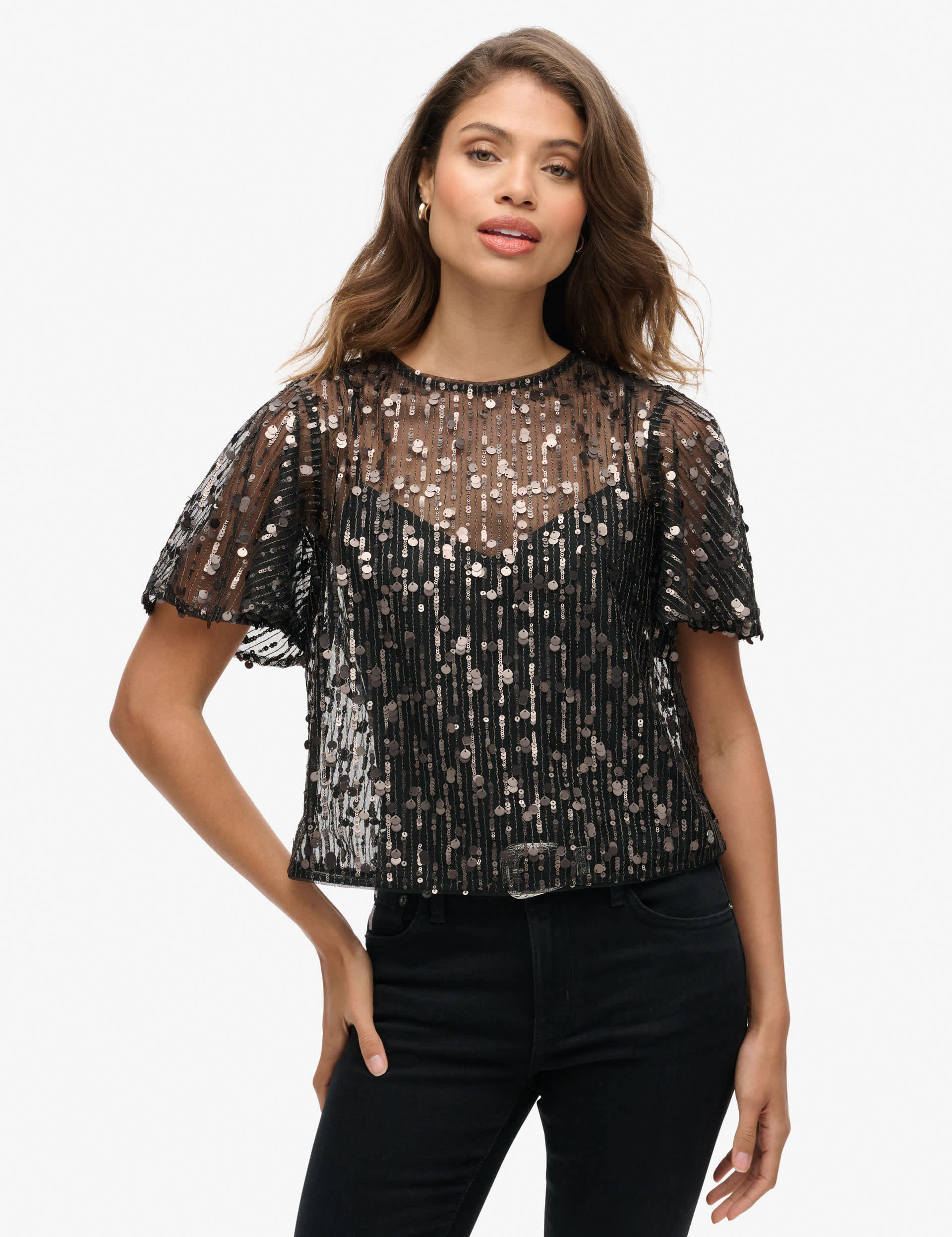 Superdry Women's Sheer Sequin Top - 8 - Light Grey, Black,Light Grey