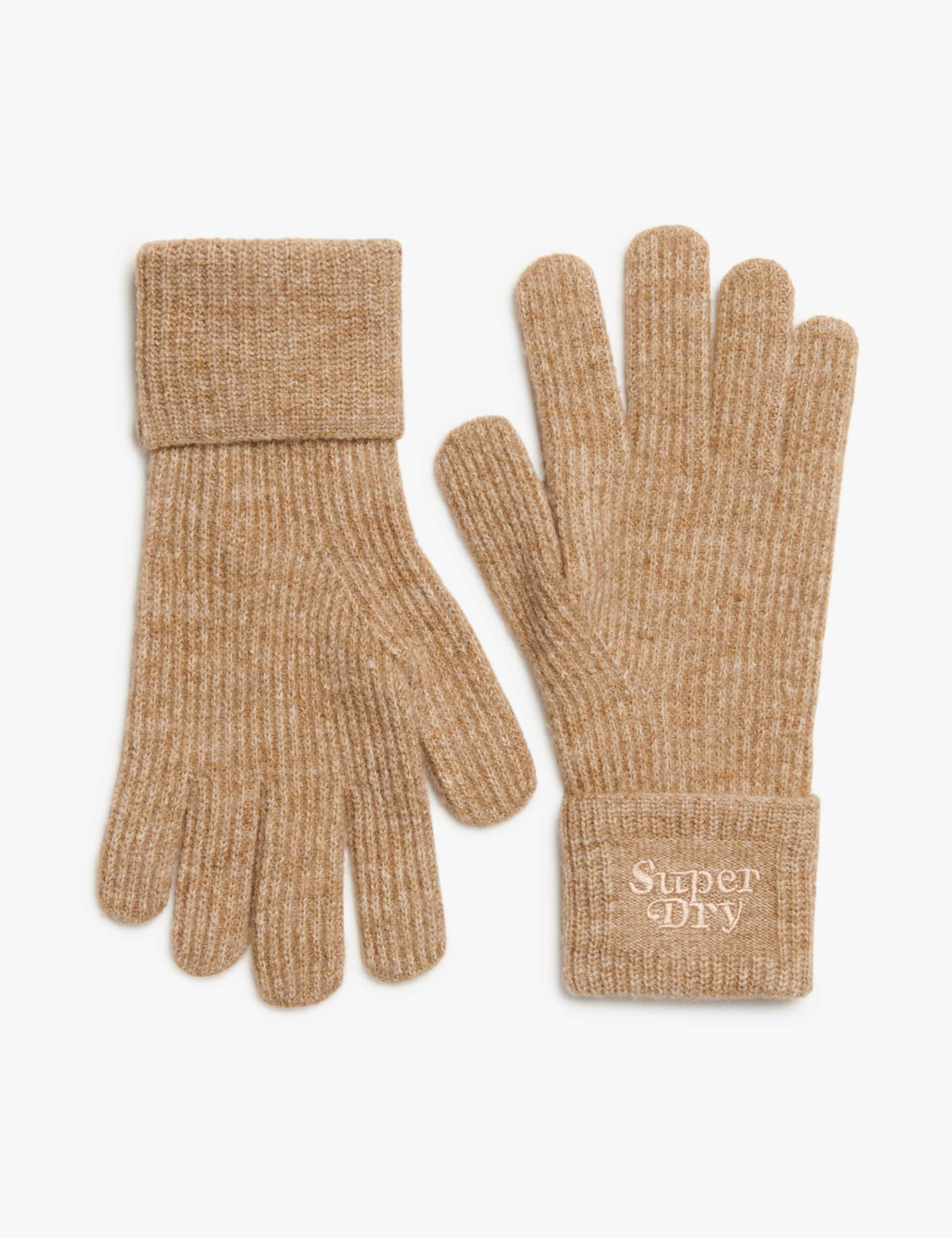 Superdry Women's Knitted Ribbed Gloves with Wool - Brown, Black,Brown