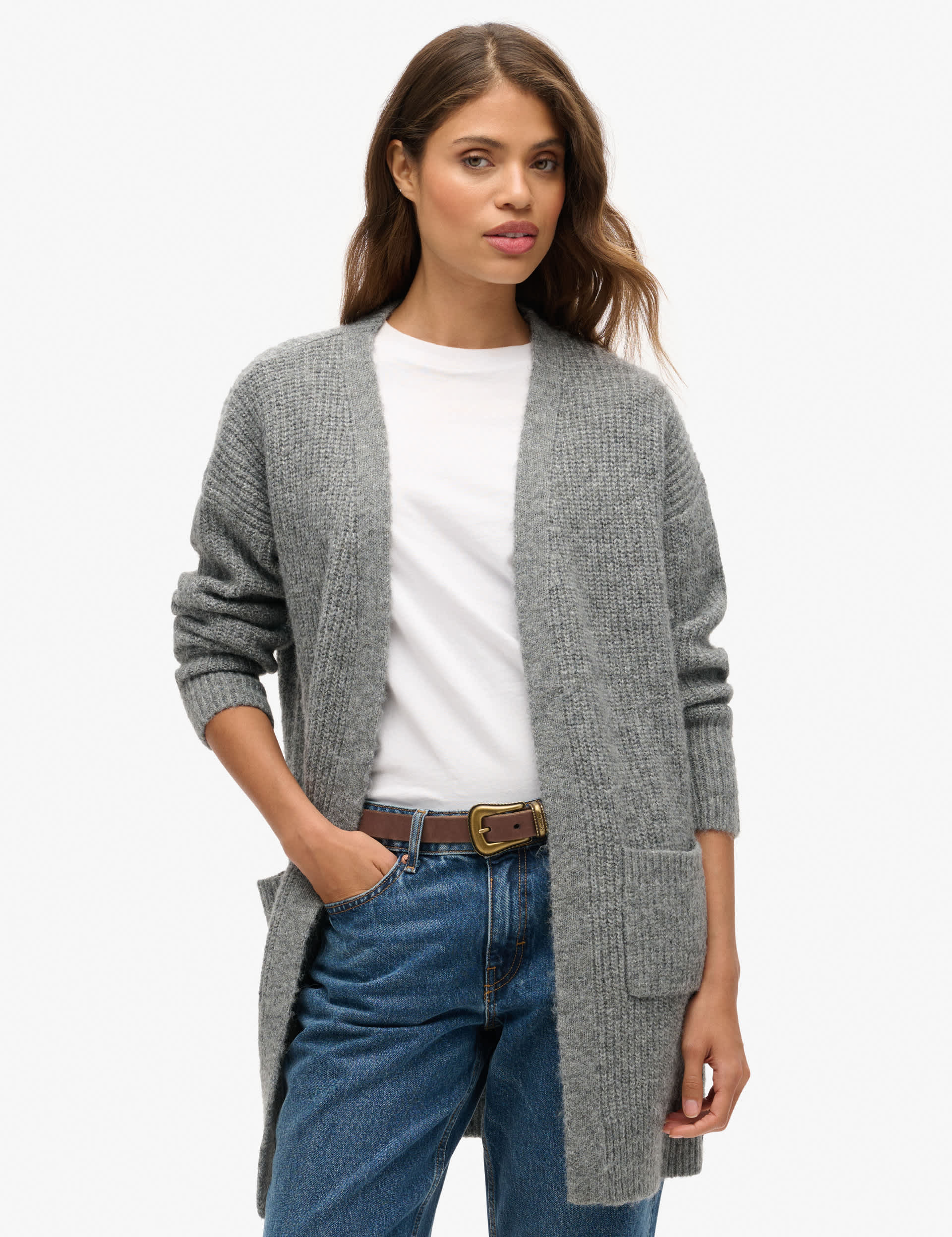 Superdry Women's Knitted Ribbed Longline Cardigan - 10-12 - Dark Grey, Dark Grey,Brown