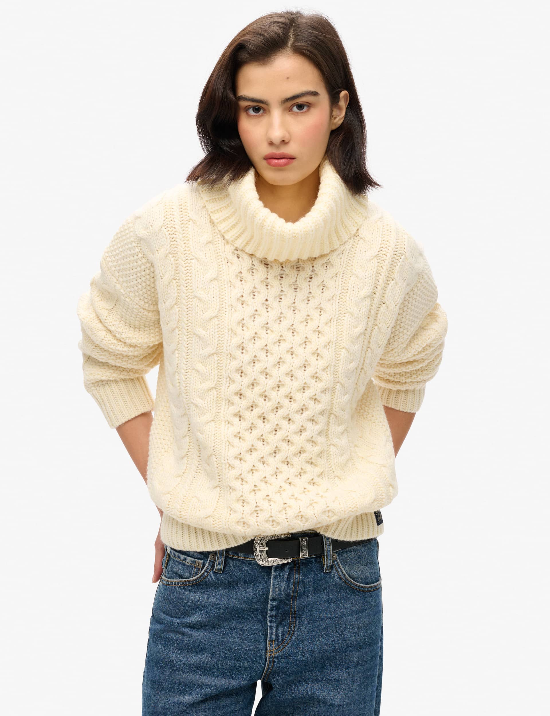 Superdry Women's Cable Knit Roll Neck Jumper with Wool - 10 - Cream, Cream